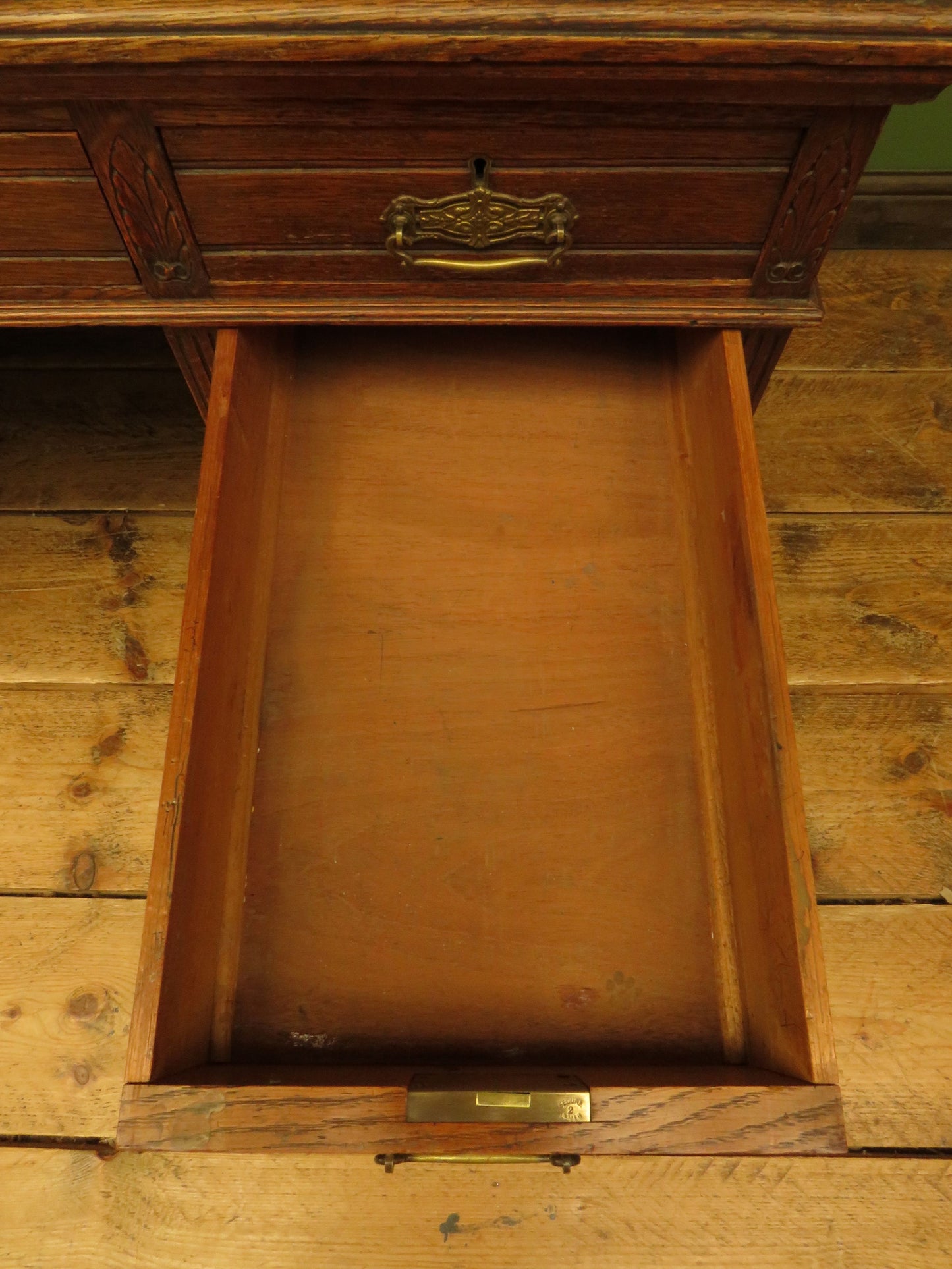Imposing Antique Estate Managers Oak Pedestal Desk with Green Leather Top