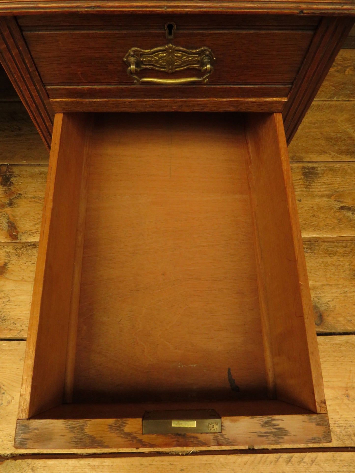 Imposing Antique Estate Managers Oak Pedestal Desk with Green Leather Top