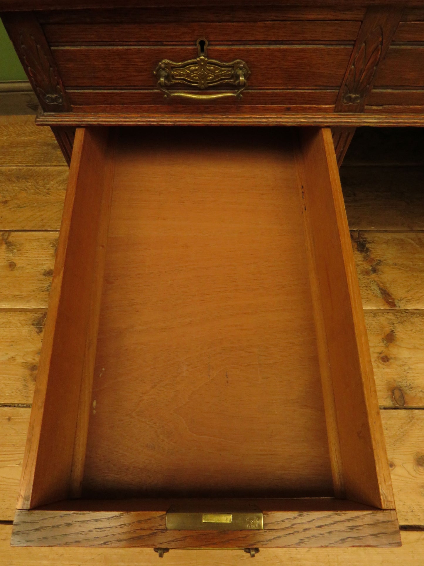 Imposing Antique Estate Managers Oak Pedestal Desk with Green Leather Top