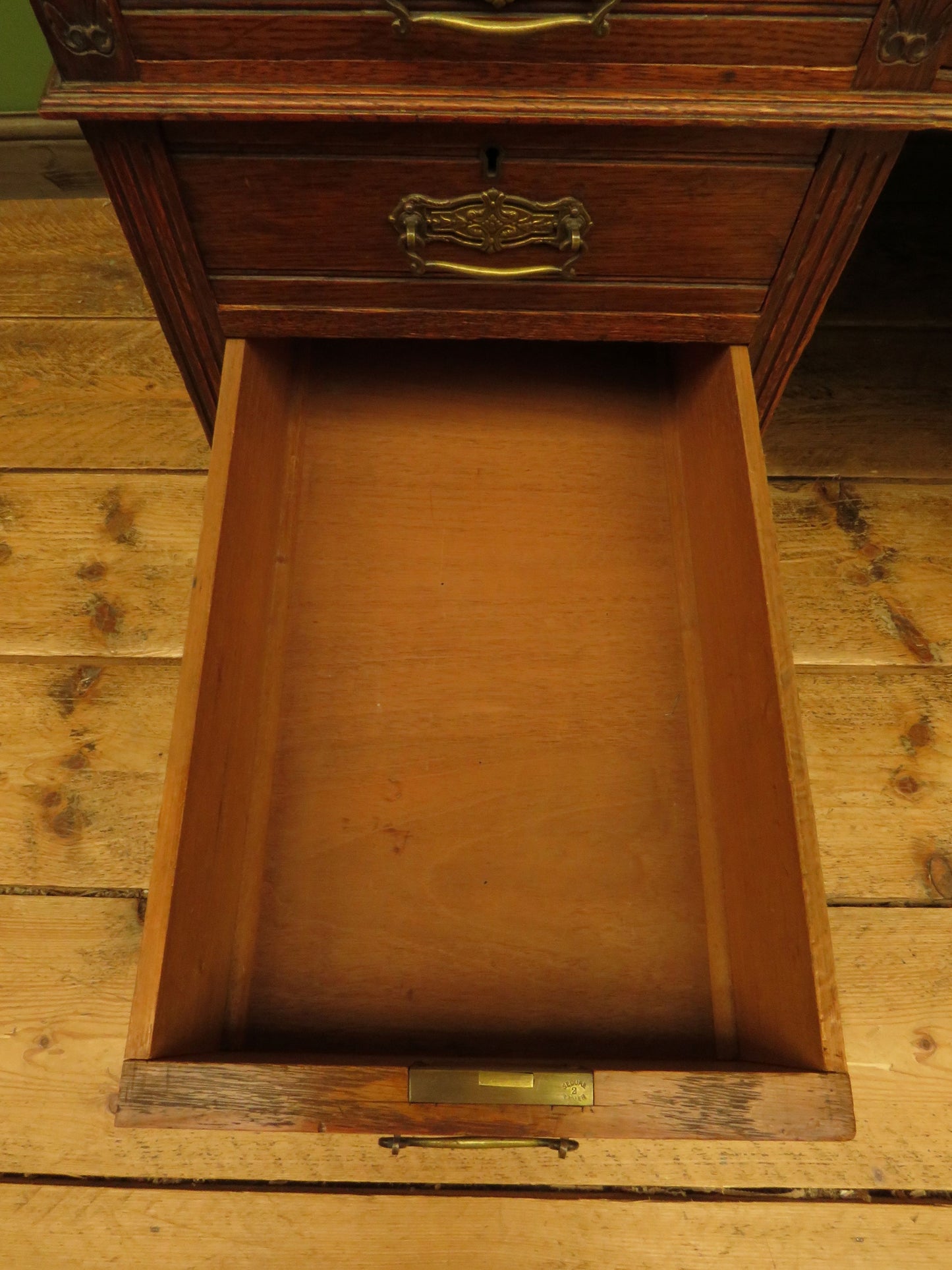 Imposing Antique Estate Managers Oak Pedestal Desk with Green Leather Top