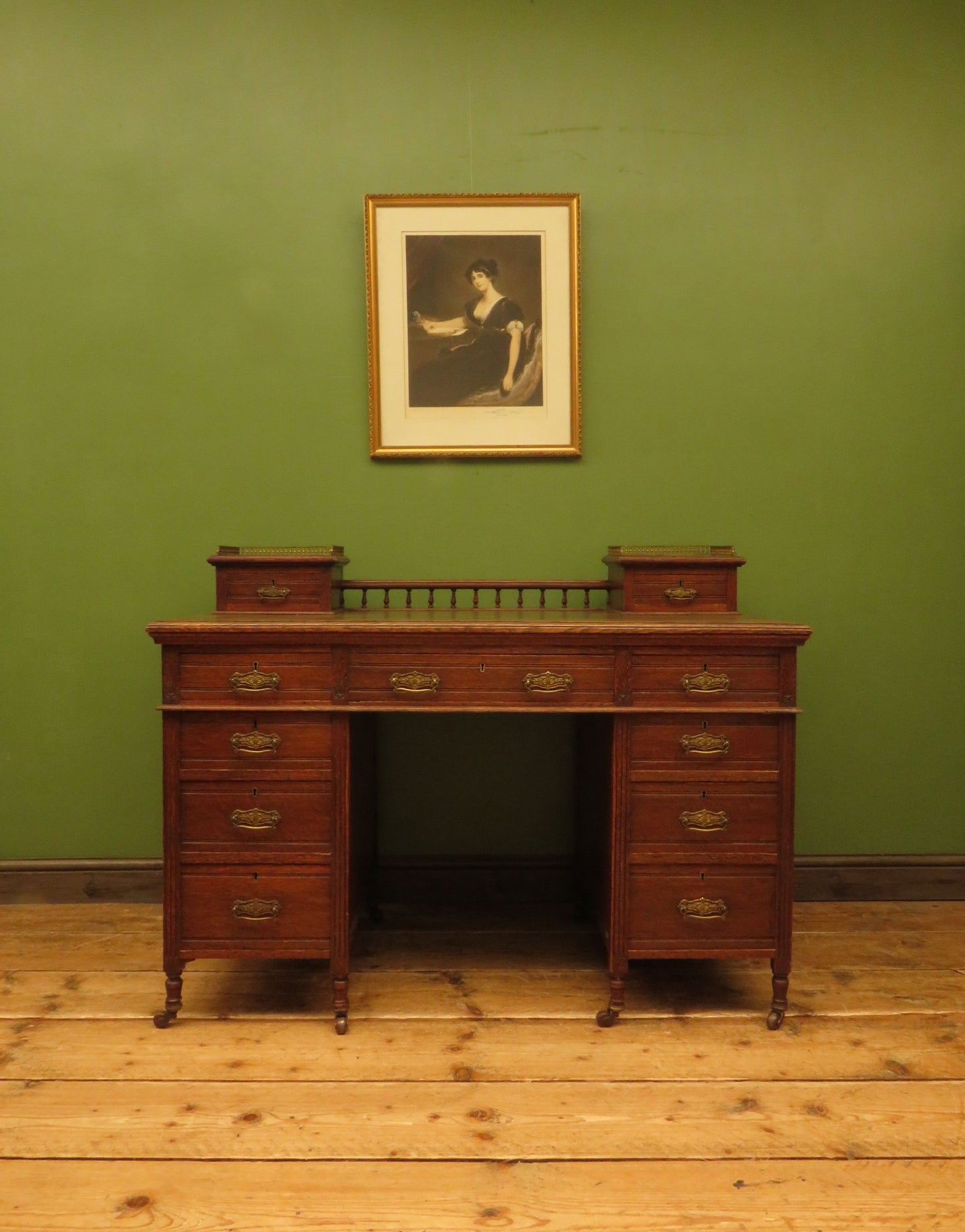 Imposing Antique Estate Managers Oak Pedestal Desk with Green Leather Top