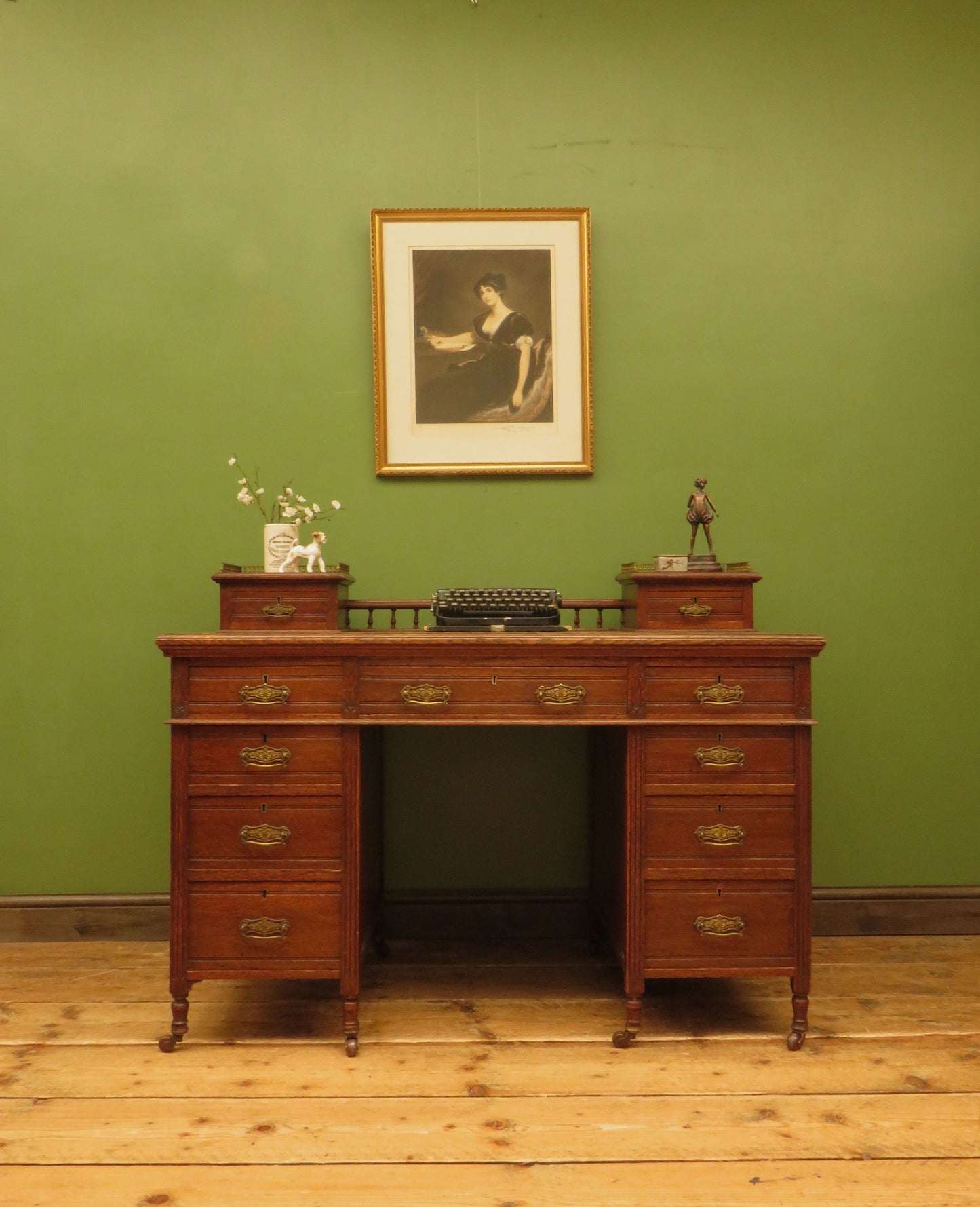 Imposing Antique Estate Managers Oak Pedestal Desk with Green Leather Top