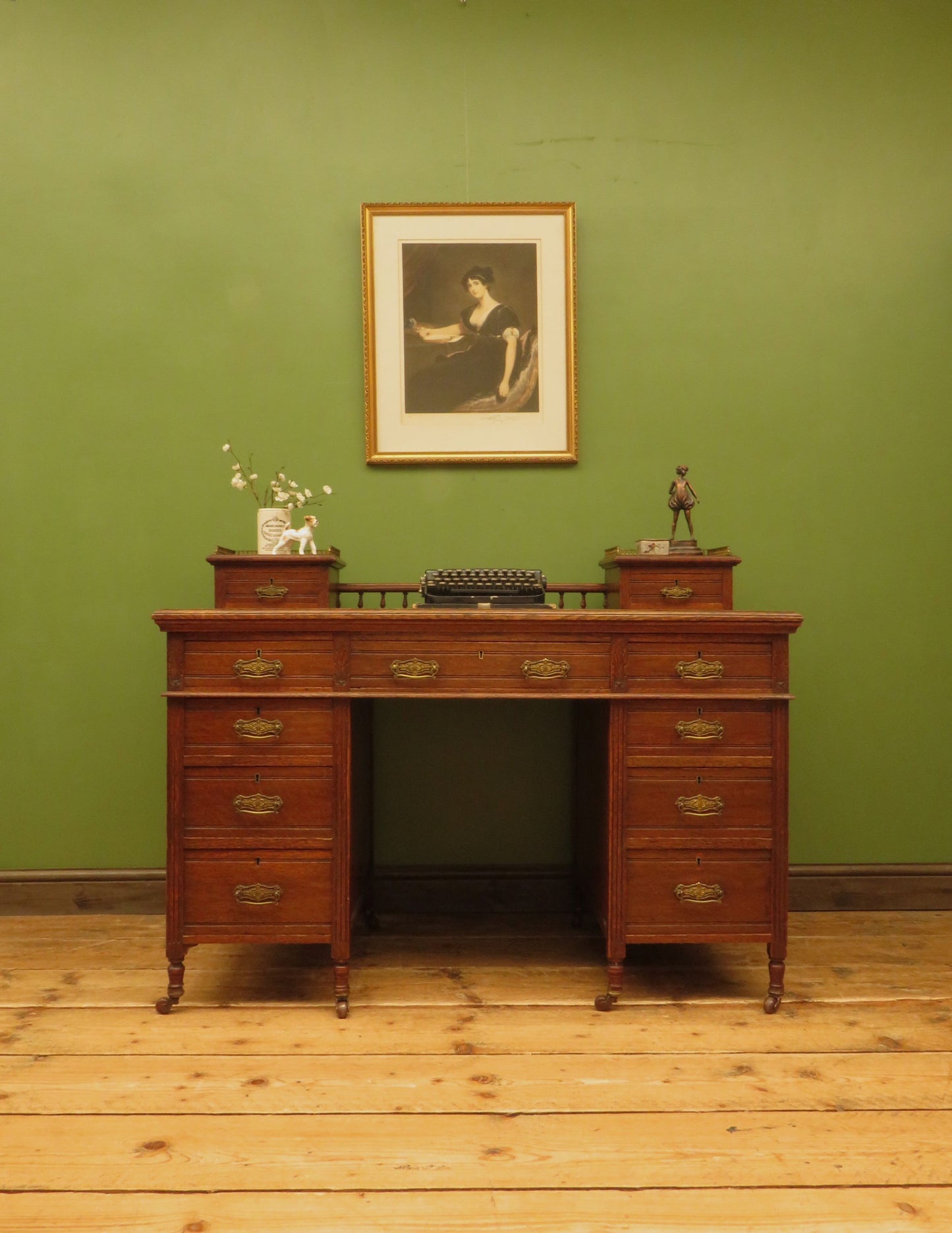 Imposing Antique Estate Managers Oak Pedestal Desk with Green Leather Top