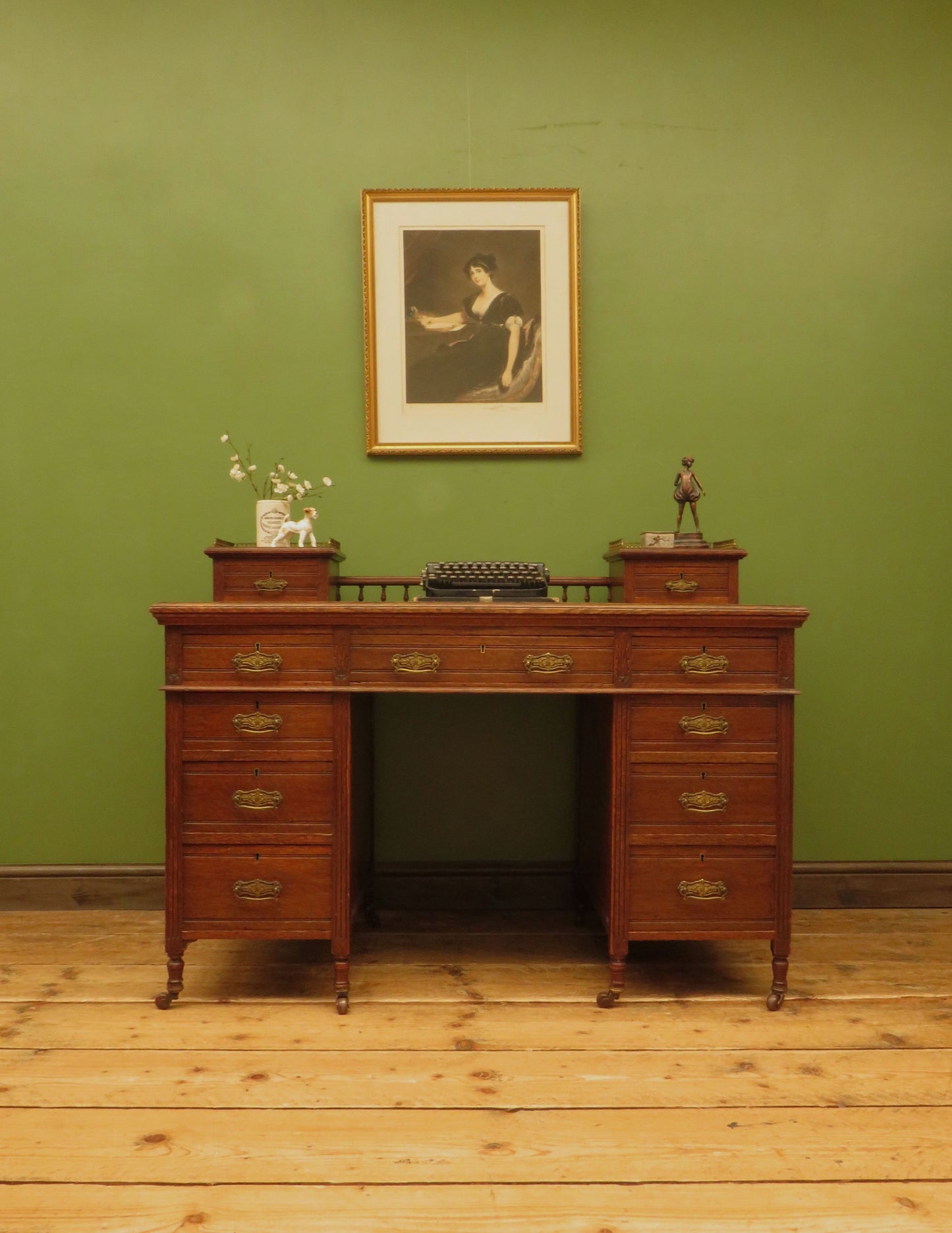 Imposing Antique Estate Managers Oak Pedestal Desk with Green Leather Top