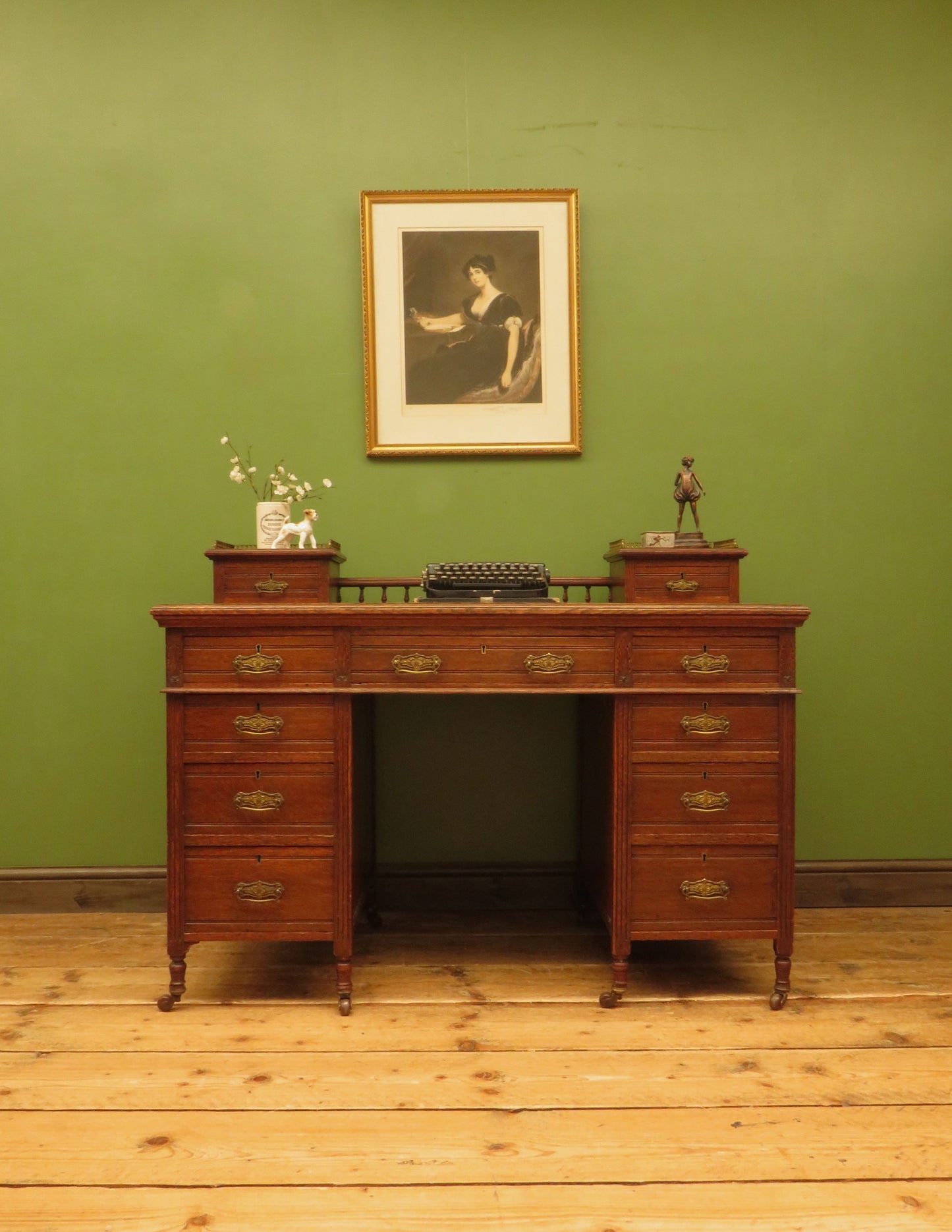 Imposing Antique Estate Managers Oak Pedestal Desk with Green Leather Top