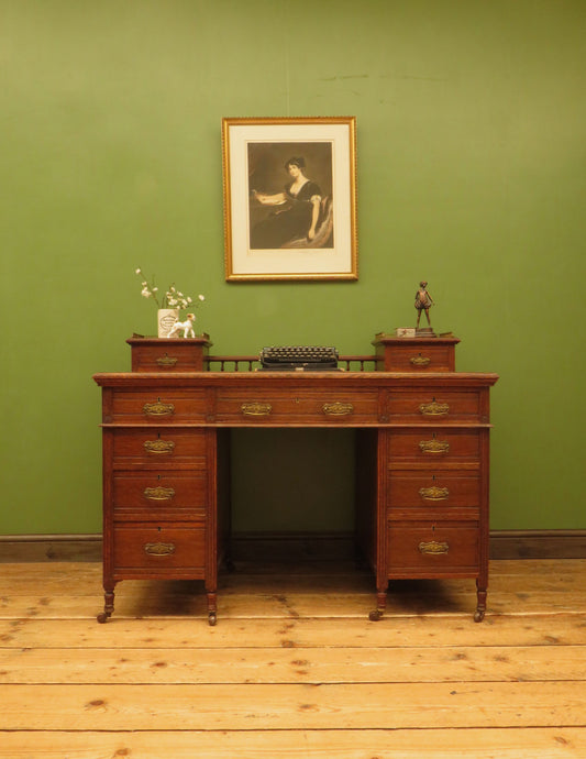 Imposing Antique Estate Managers Oak Pedestal Desk with Green Leather Top