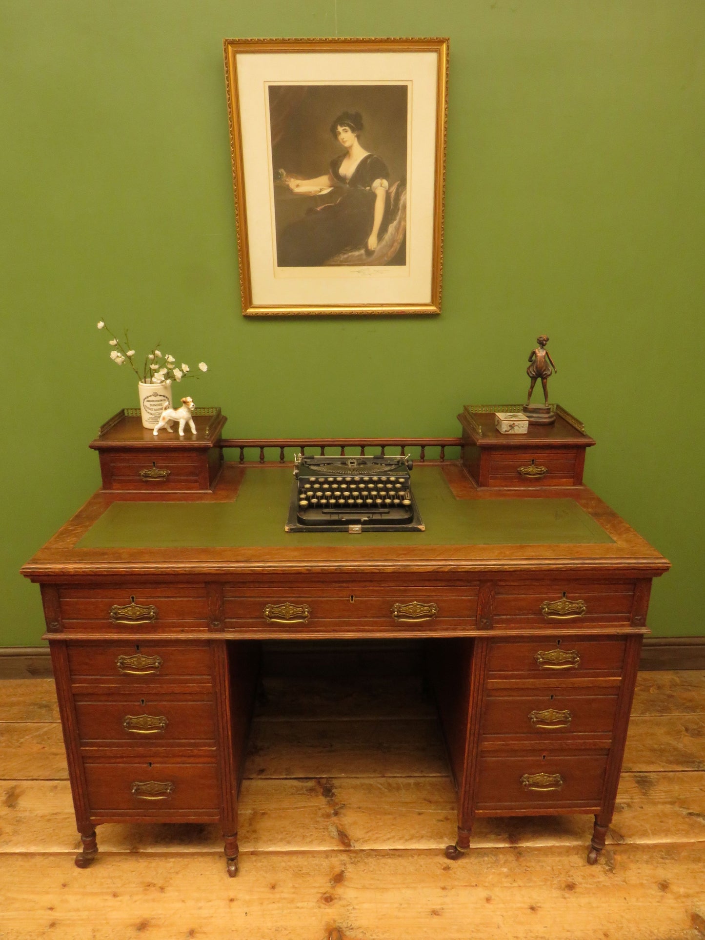 Imposing Antique Estate Managers Oak Pedestal Desk with Green Leather Top