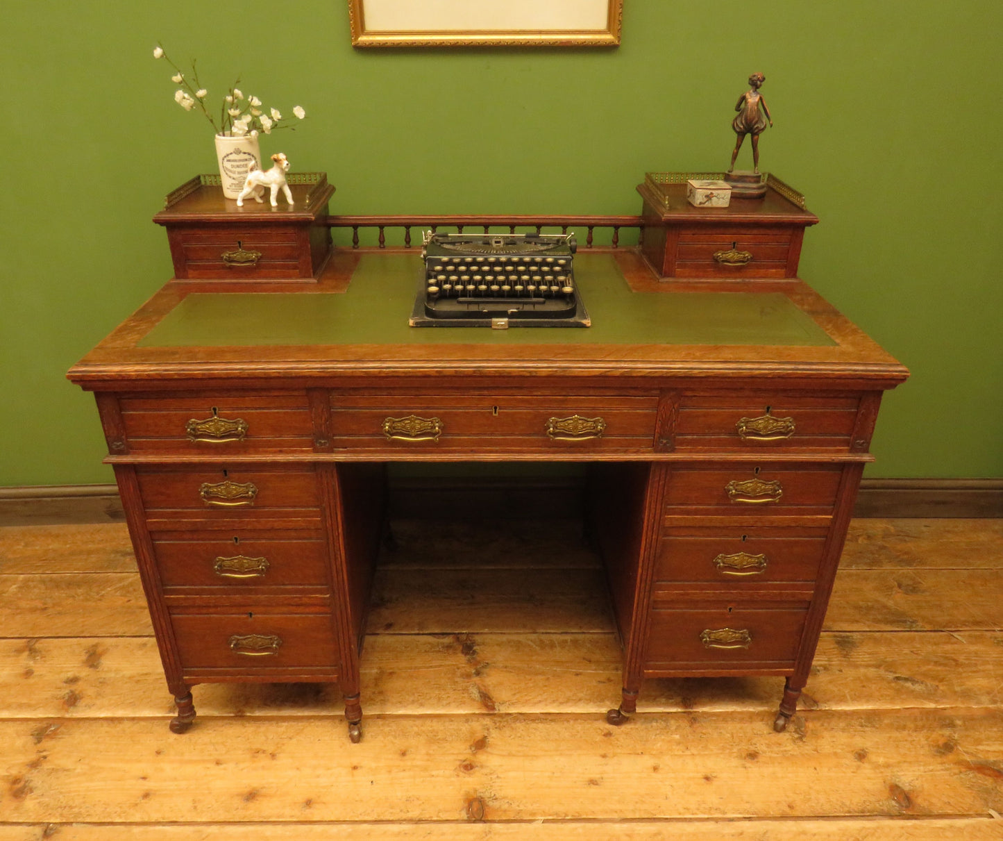 Imposing Antique Estate Managers Oak Pedestal Desk with Green Leather Top