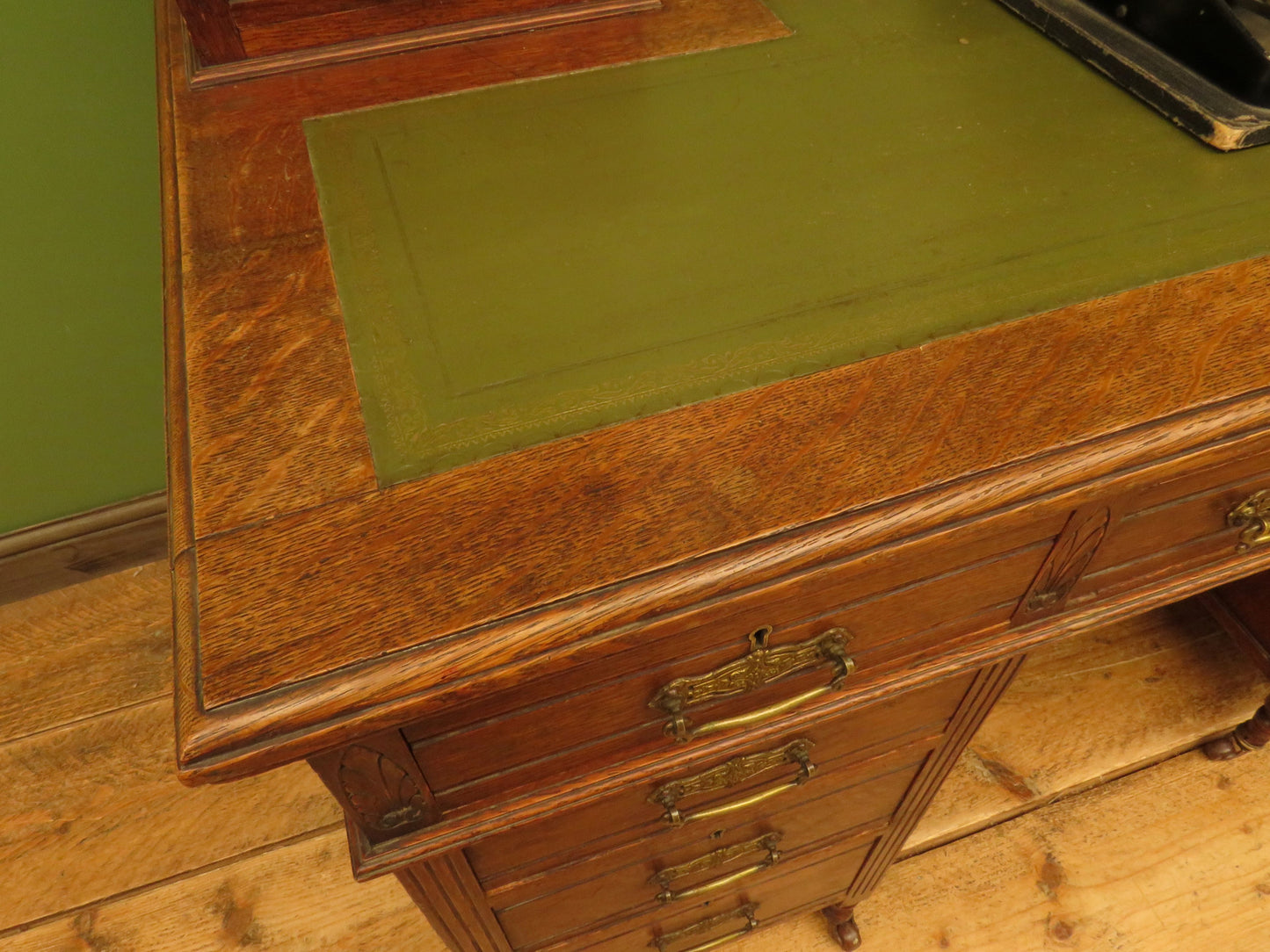 Imposing Antique Estate Managers Oak Pedestal Desk with Green Leather Top