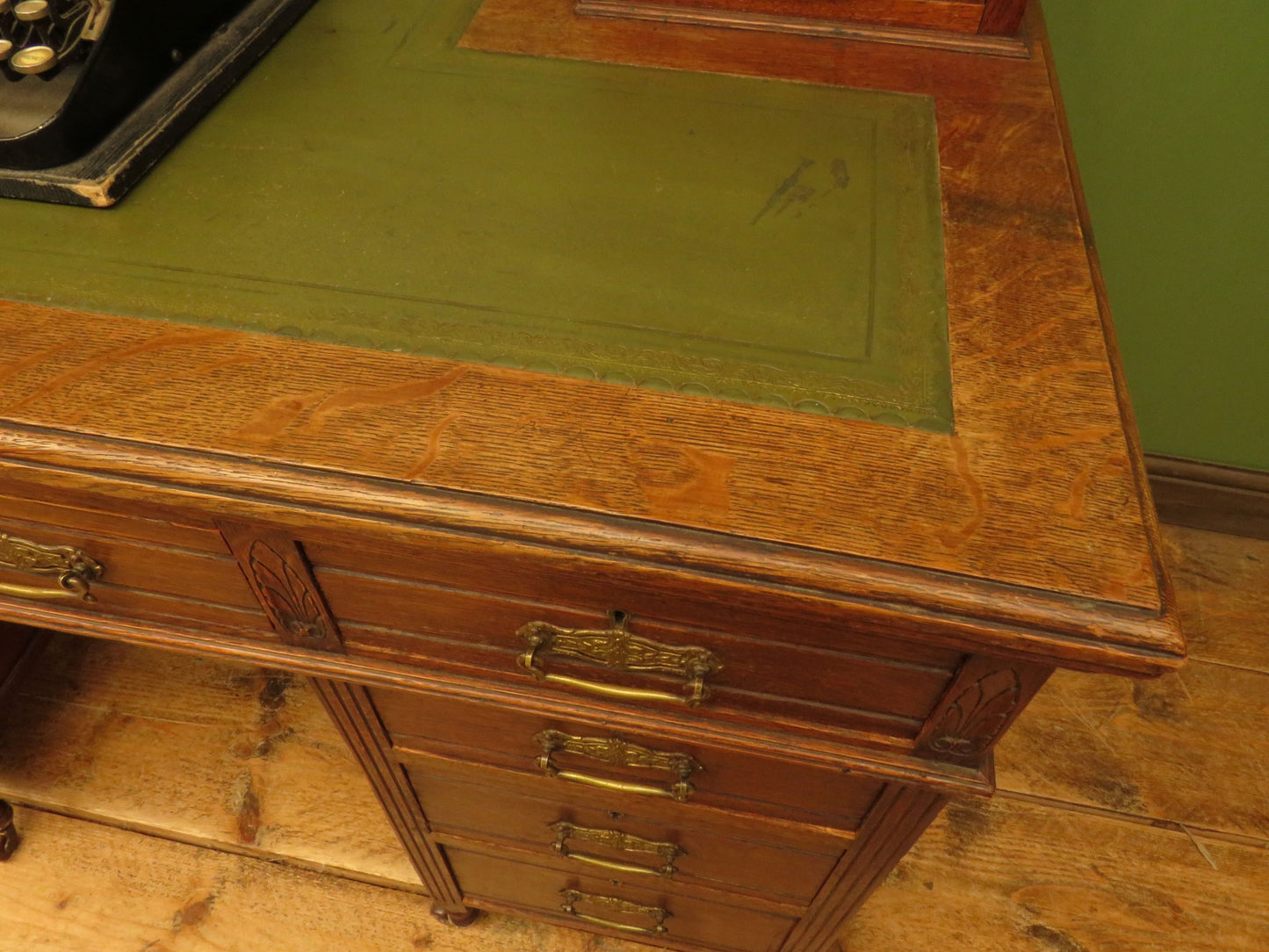 Imposing Antique Estate Managers Oak Pedestal Desk with Green Leather Top