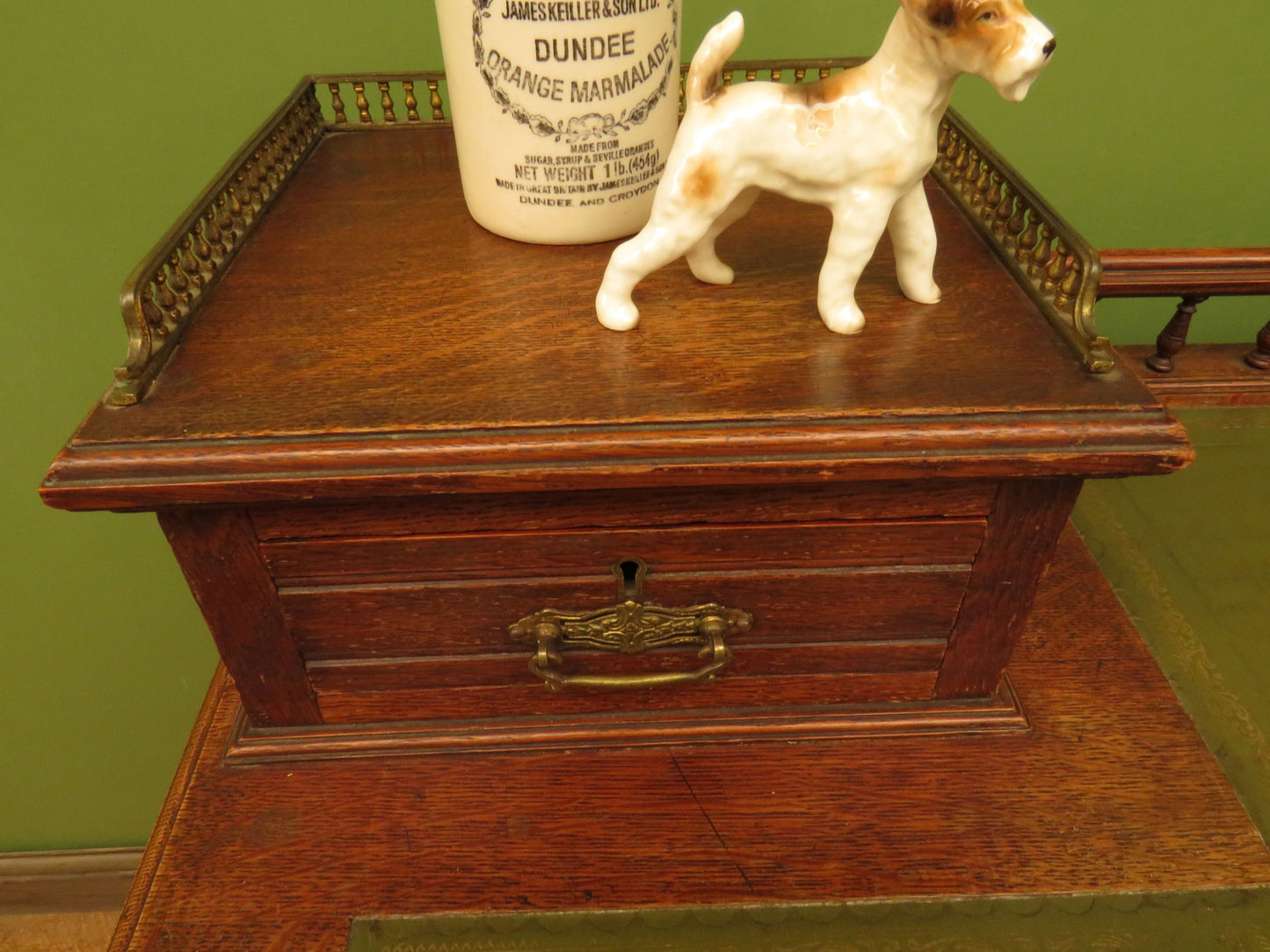 Imposing Antique Estate Managers Oak Pedestal Desk with Green Leather Top