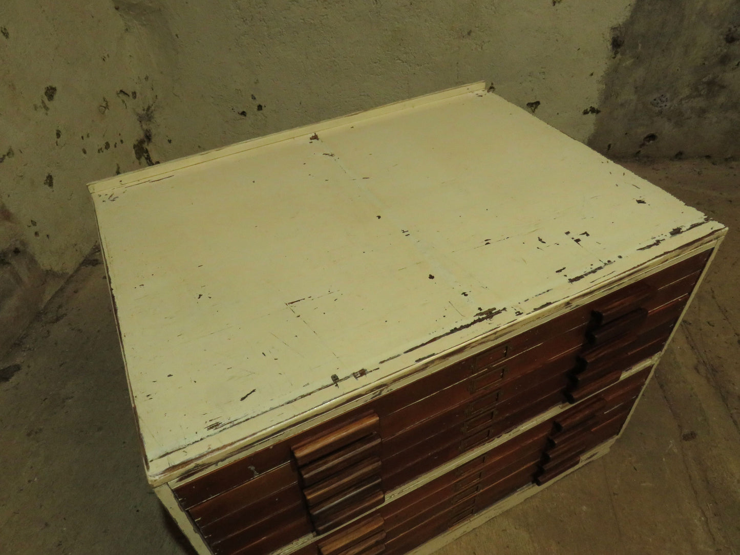 Large Architects Plan Chest in two parts, Chippy Paint, George VI warrant stamp