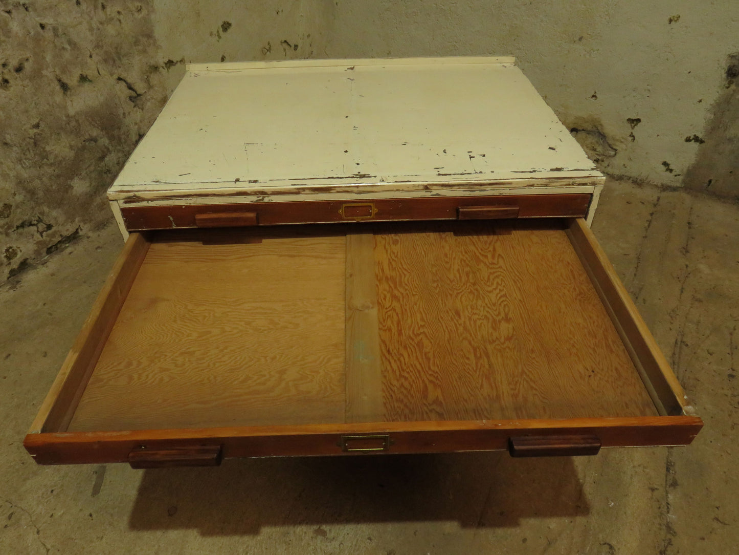 Large Architects Plan Chest in two parts, Chippy Paint, George VI warrant stamp