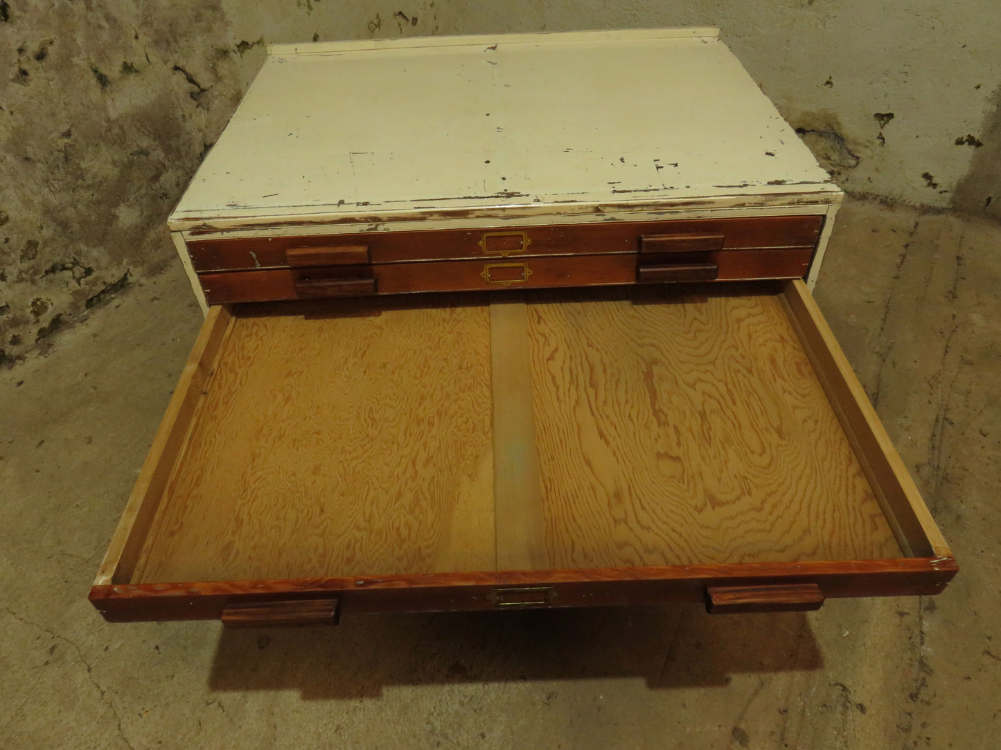 Large Architects Plan Chest in two parts, Chippy Paint, George VI warrant stamp