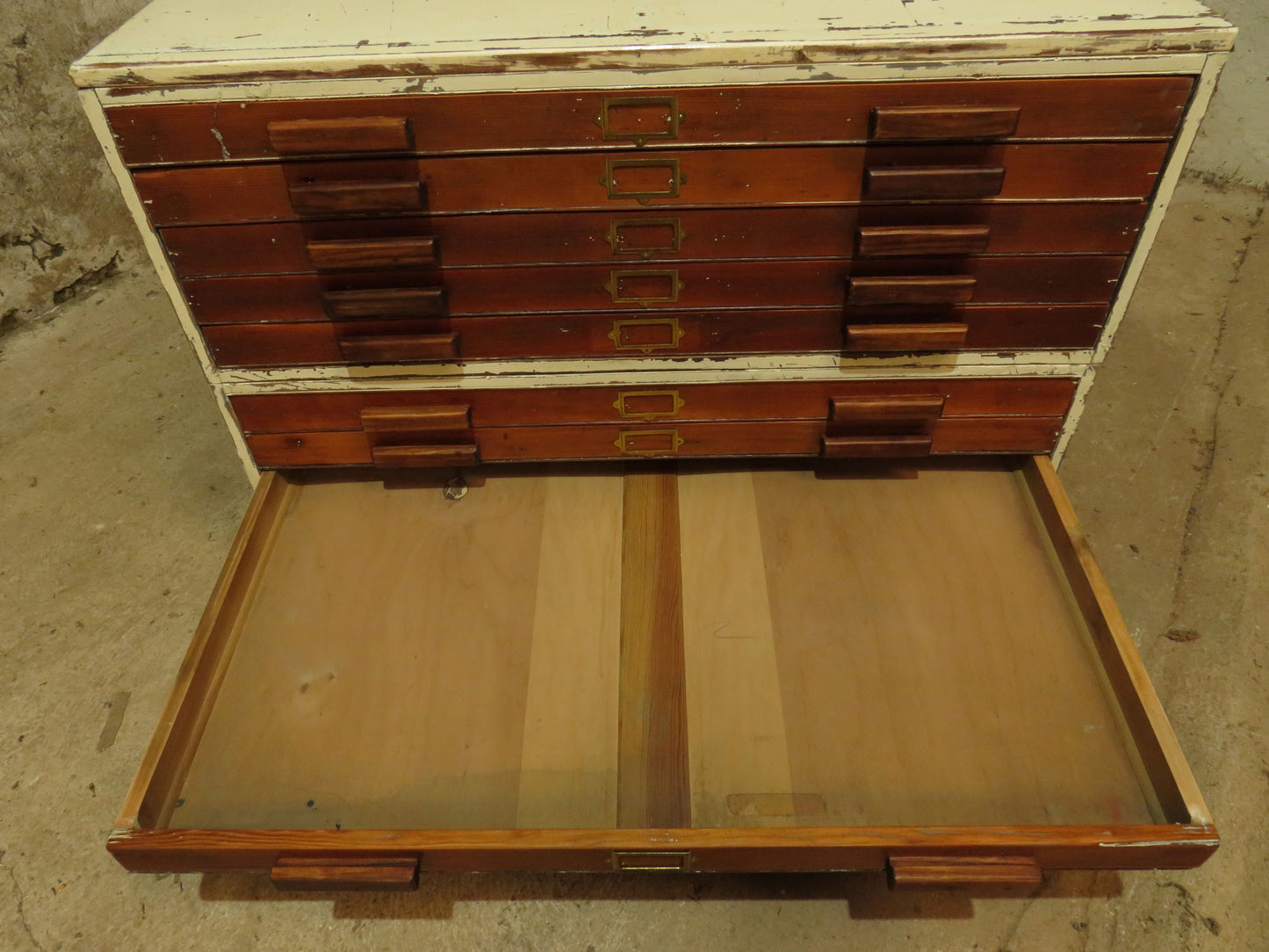 Large Architects Plan Chest in two parts, Chippy Paint, George VI warrant stamp