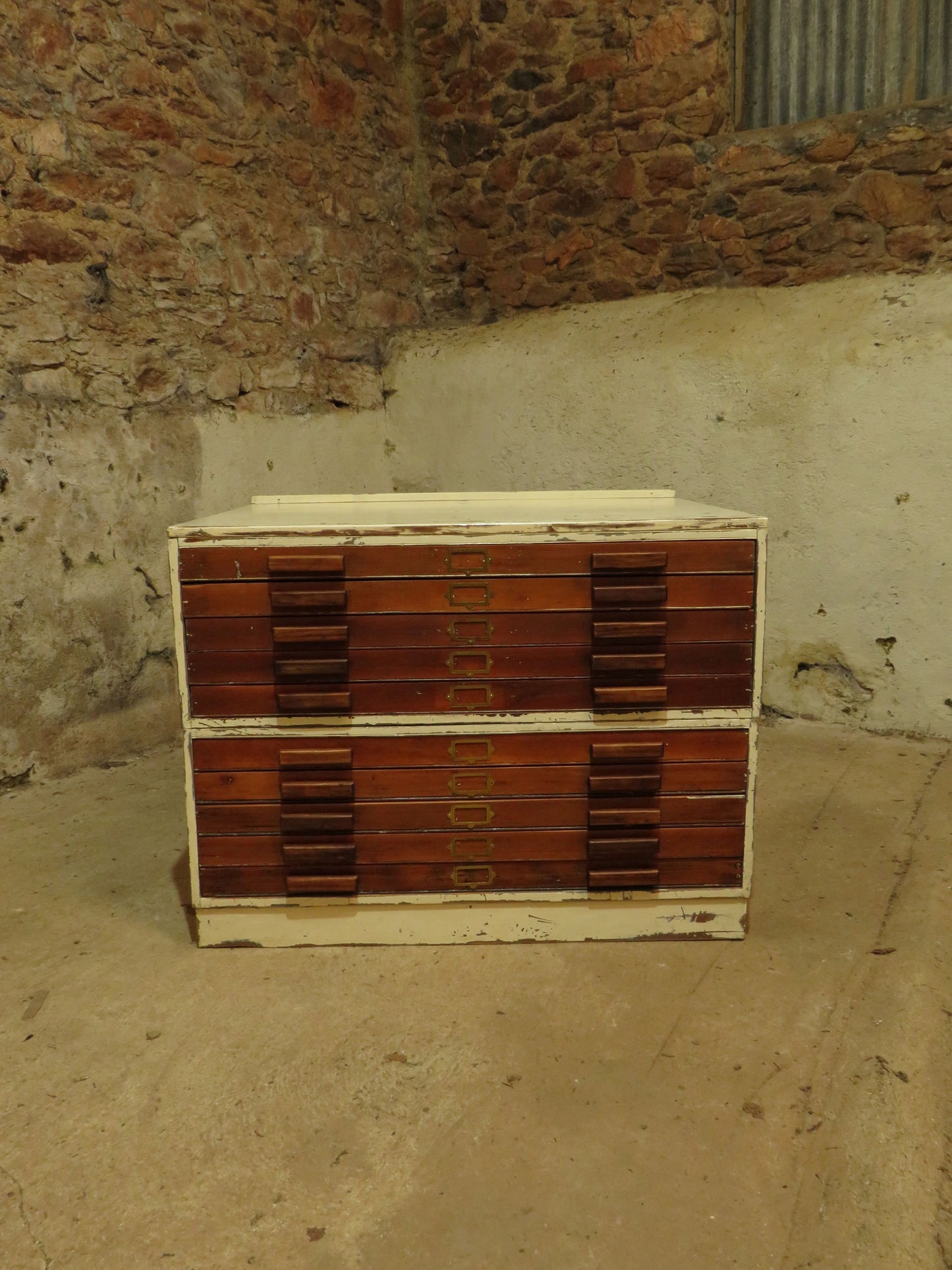 Large Architects Plan Chest in two parts, Chippy Paint, George VI warrant stamp