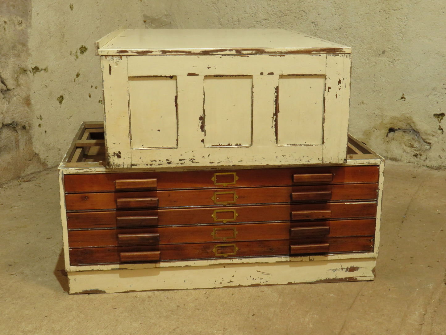 Large Architects Plan Chest in two parts, Chippy Paint, George VI warrant stamp