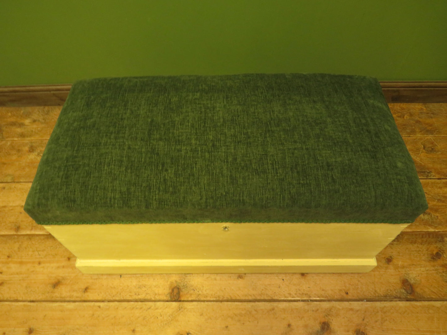 Yellow Blanket Box with Upholstered Lid in Green Fabric