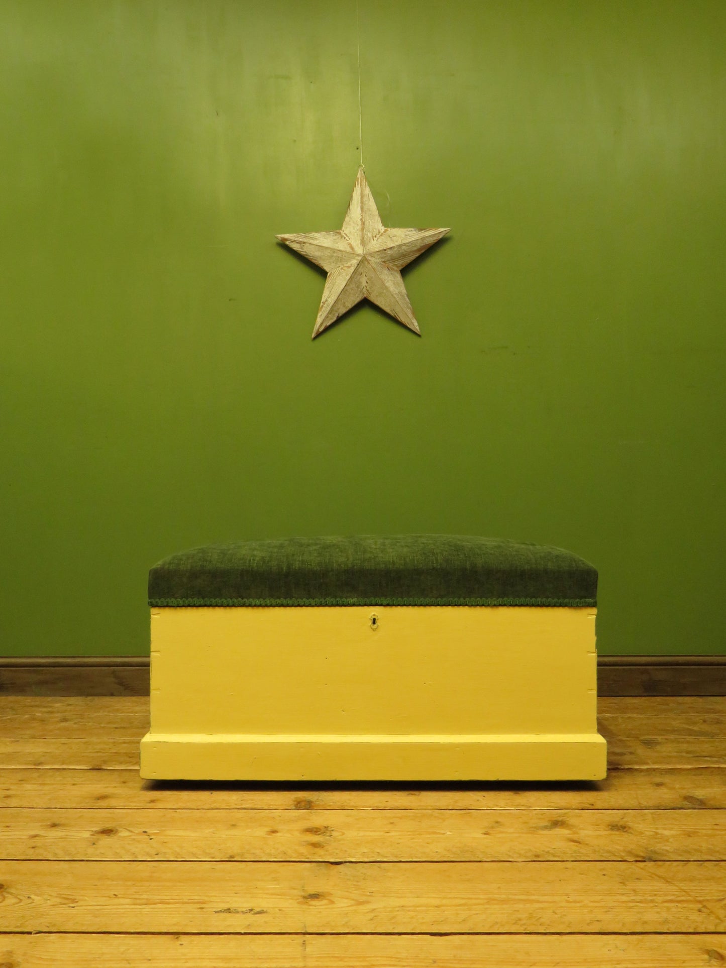 Yellow Blanket Box with Upholstered Lid in Green Fabric