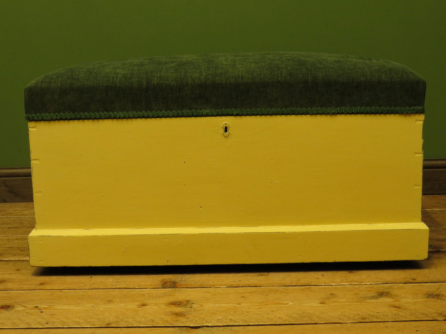 Yellow Blanket Box with Upholstered Lid in Green Fabric