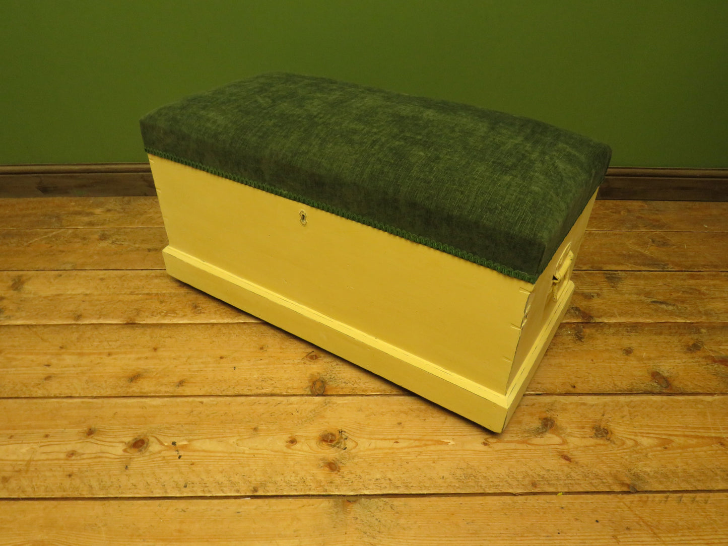 Yellow Blanket Box with Upholstered Lid in Green Fabric