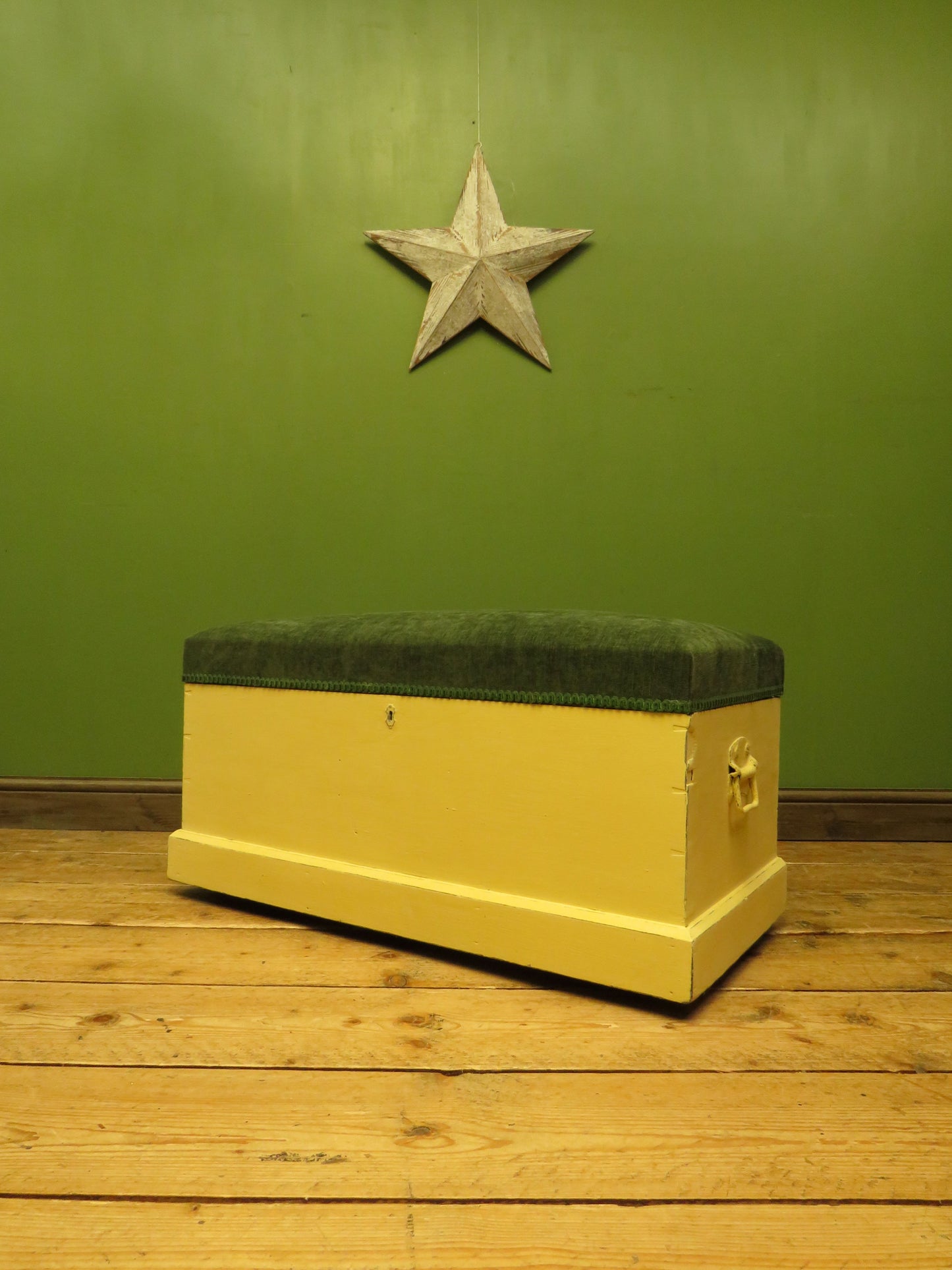 Yellow Blanket Box with Upholstered Lid in Green Fabric