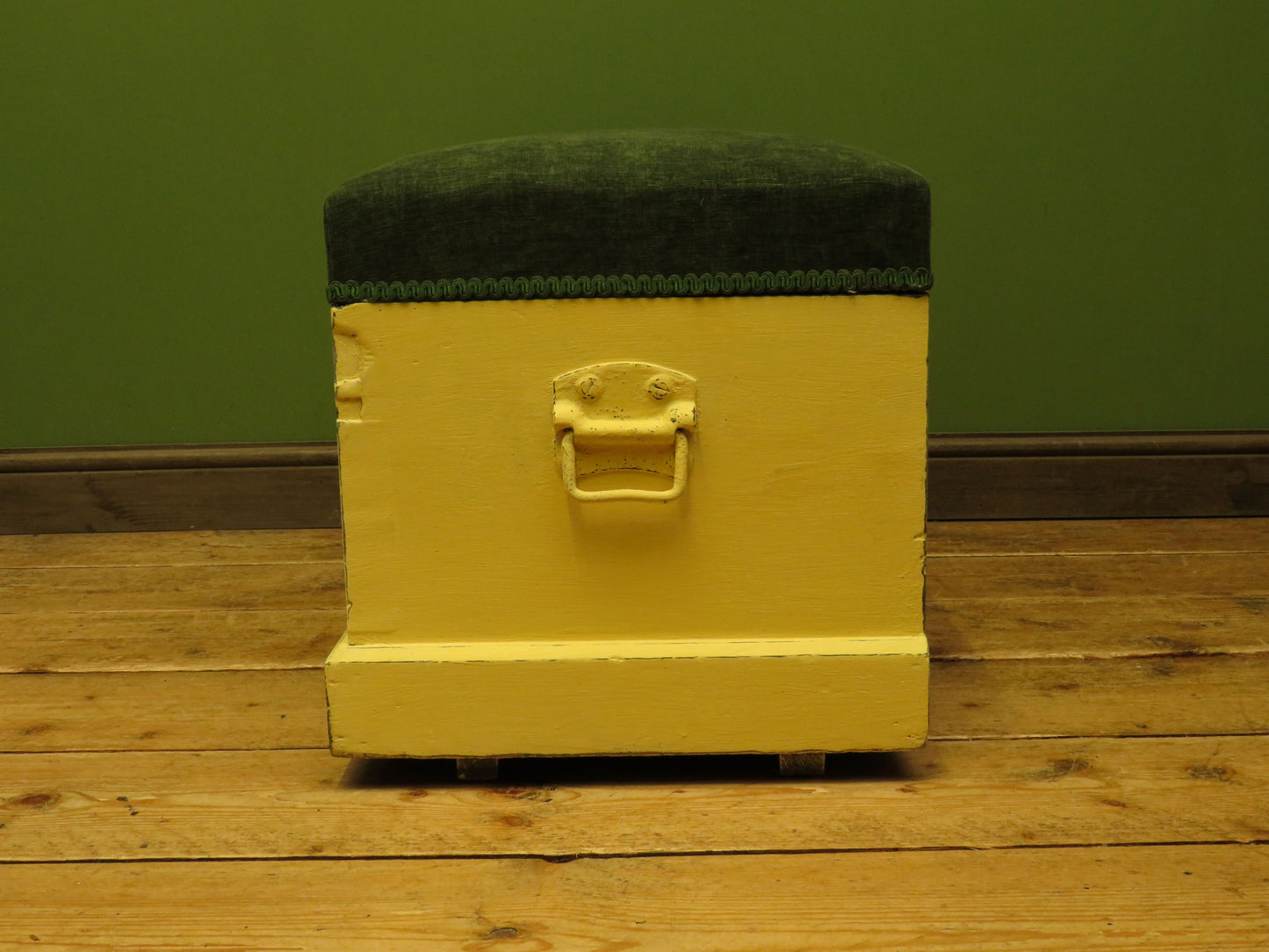 Yellow Blanket Box with Upholstered Lid in Green Fabric