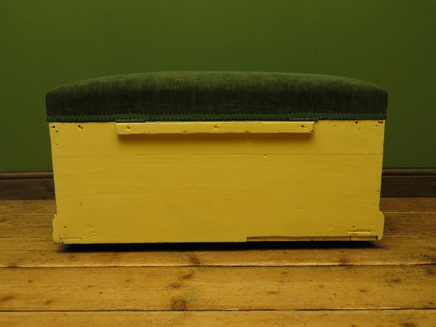 Yellow Blanket Box with Upholstered Lid in Green Fabric