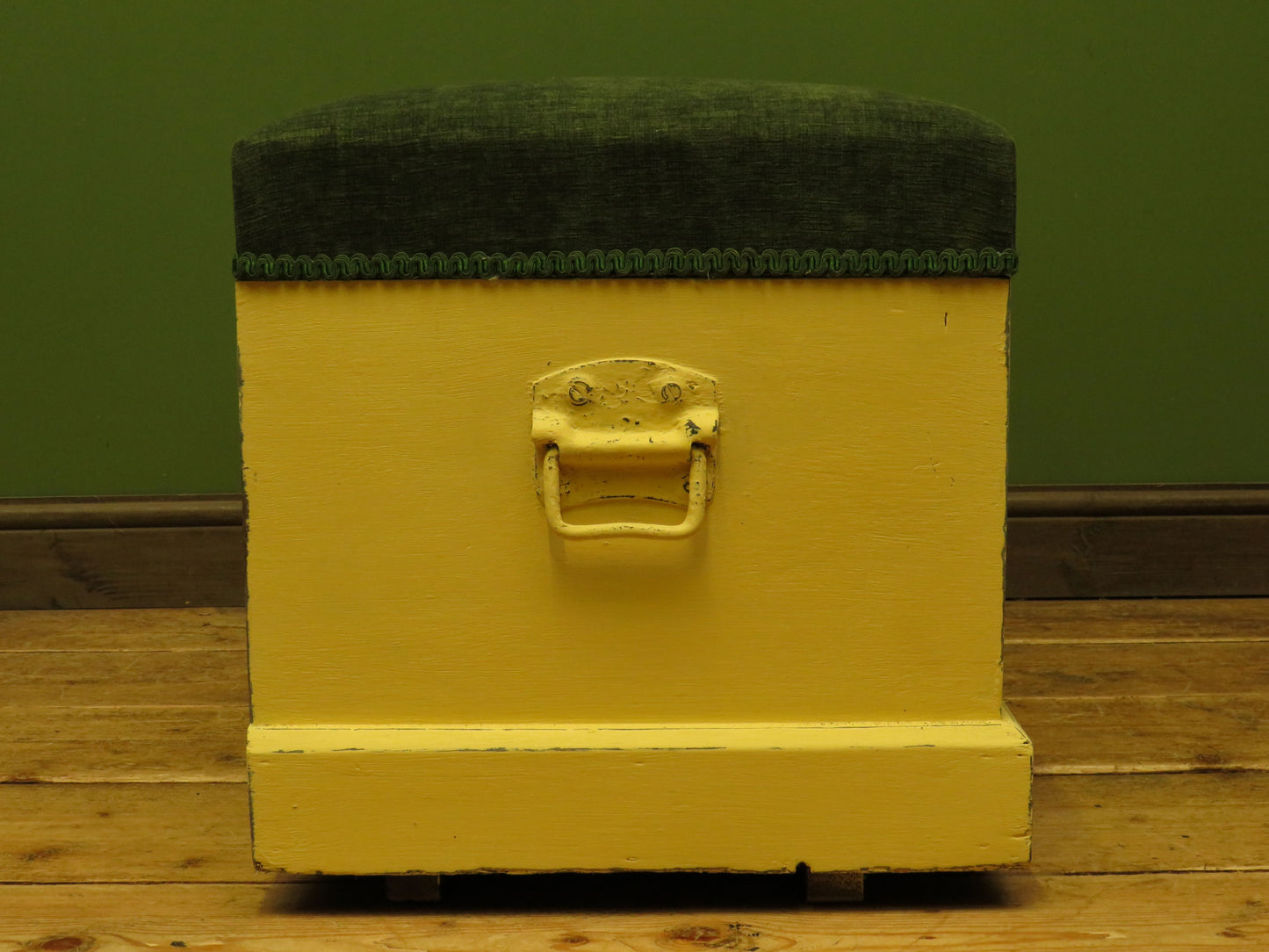 Yellow Blanket Box with Upholstered Lid in Green Fabric