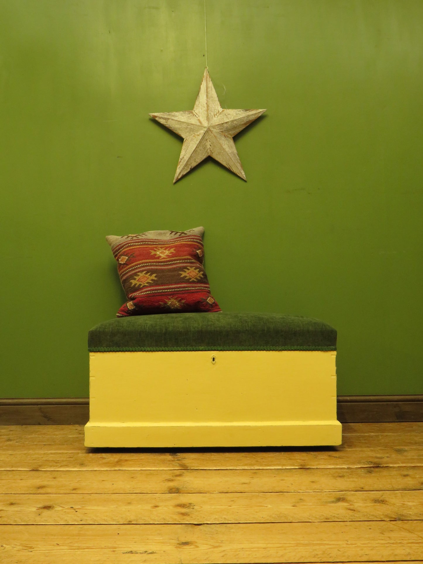 Yellow Blanket Box with Upholstered Lid in Green Fabric