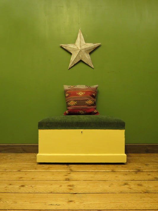 Yellow Blanket Box with Upholstered Lid in Green Fabric