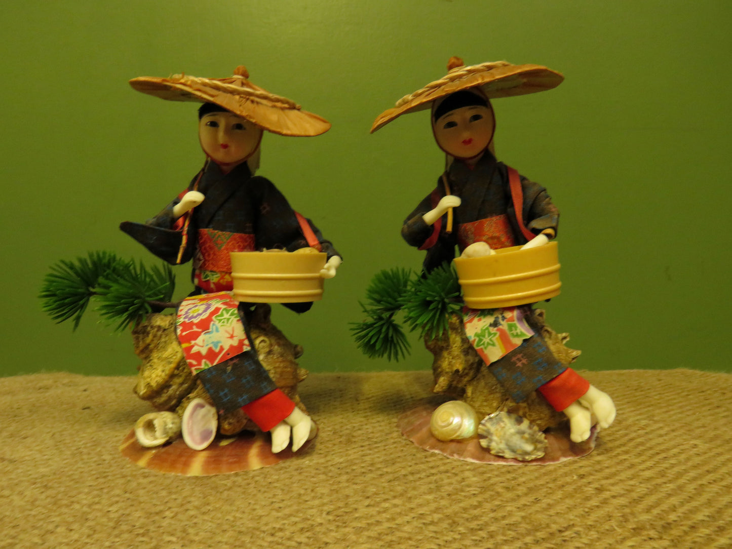 Pair of Vintage Chinese porcelain head Lady Shell Diver dolls