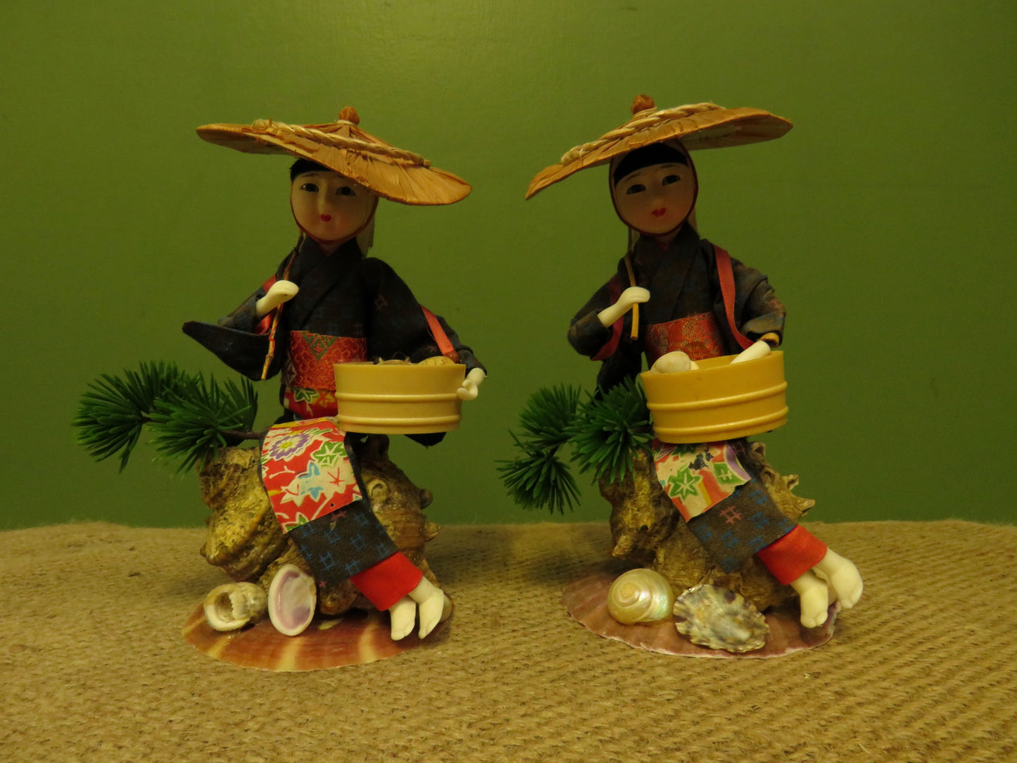 Pair of Vintage Chinese porcelain head Lady Shell Diver dolls