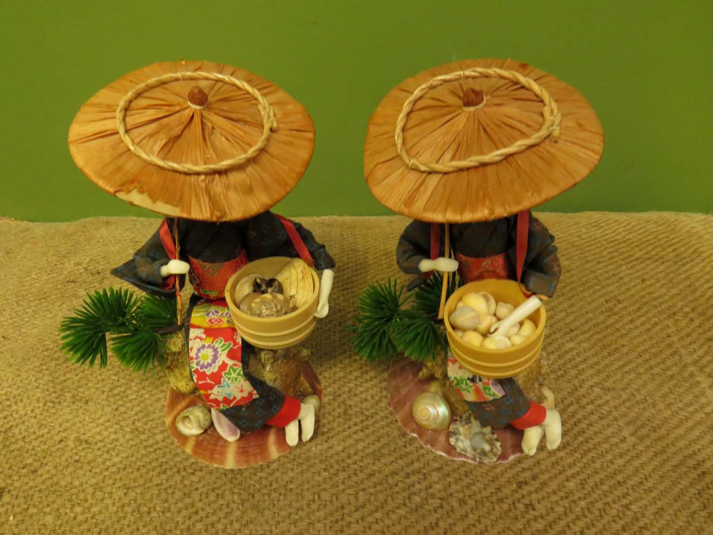 Pair of Vintage Chinese porcelain head Lady Shell Diver dolls