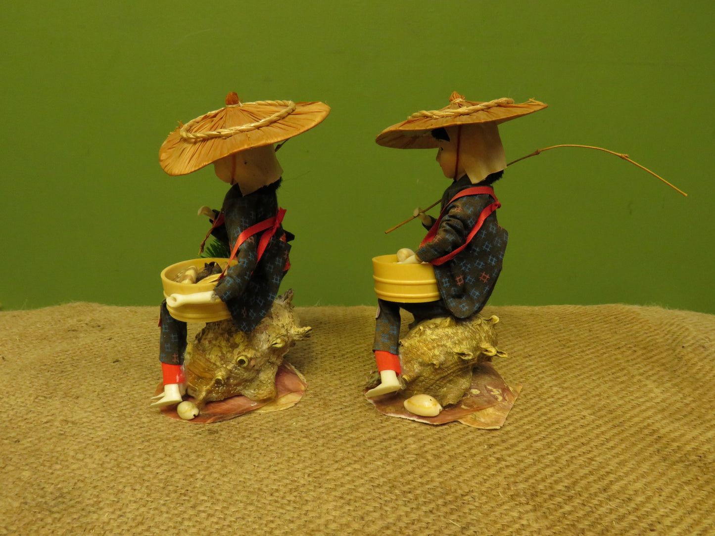 Pair of Vintage Chinese porcelain head Lady Shell Diver dolls