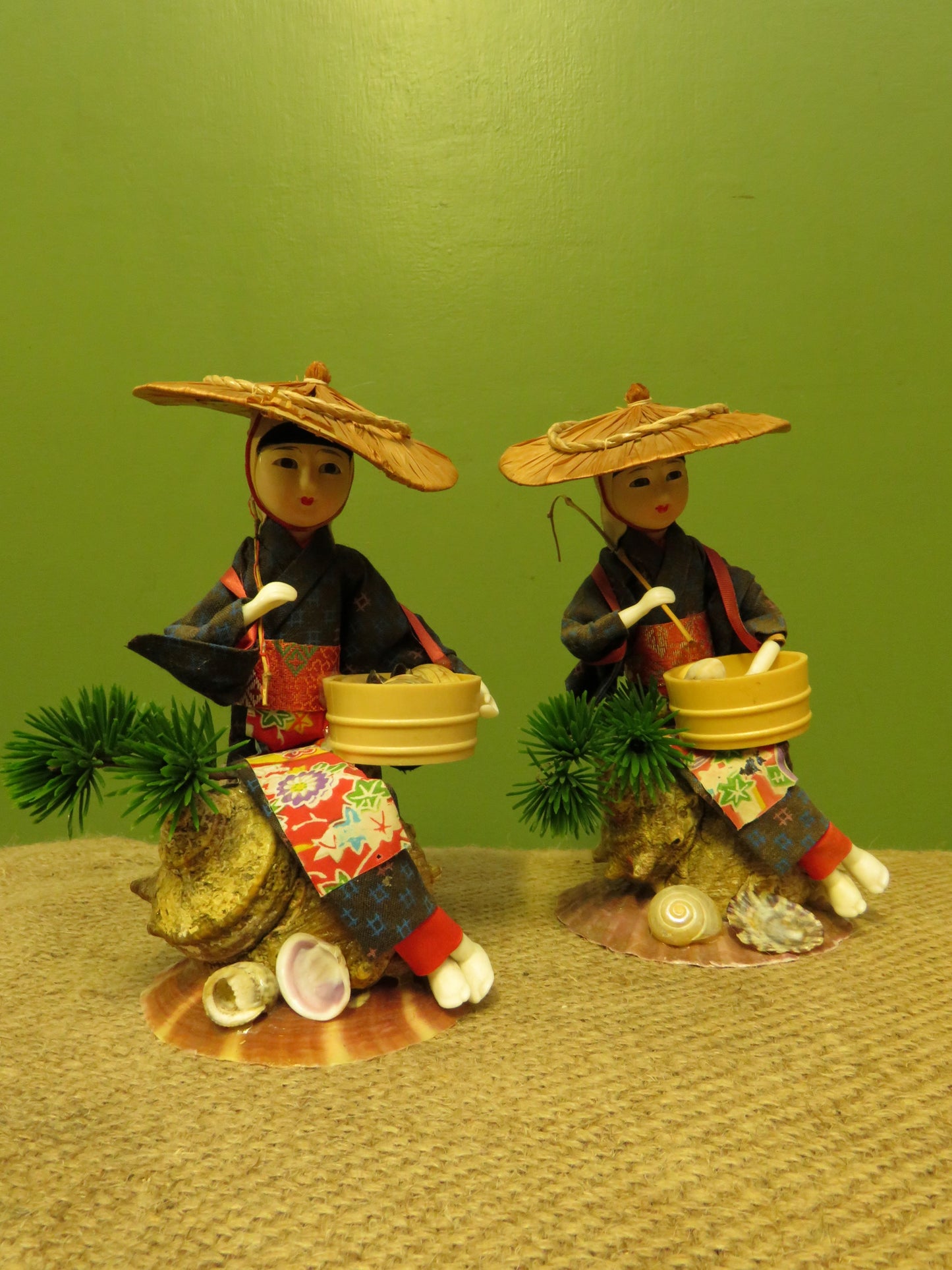 Pair of Vintage Chinese porcelain head Lady Shell Diver dolls