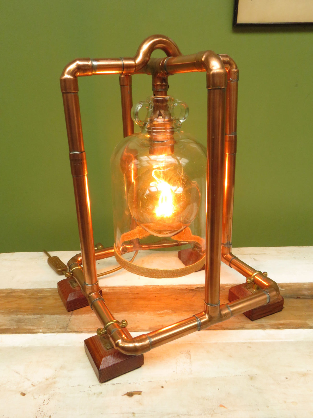 Large Handmade Industrial Steampunk Copper and Wood Table Lamp