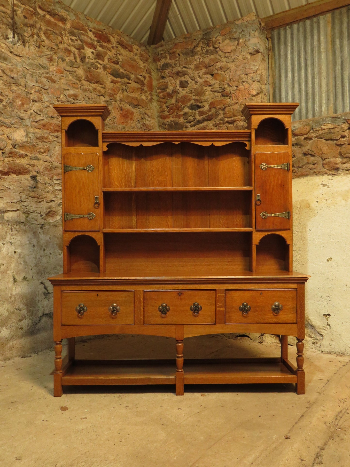 Substantial Arts & Crafts Golden Oak Dresser in two parts