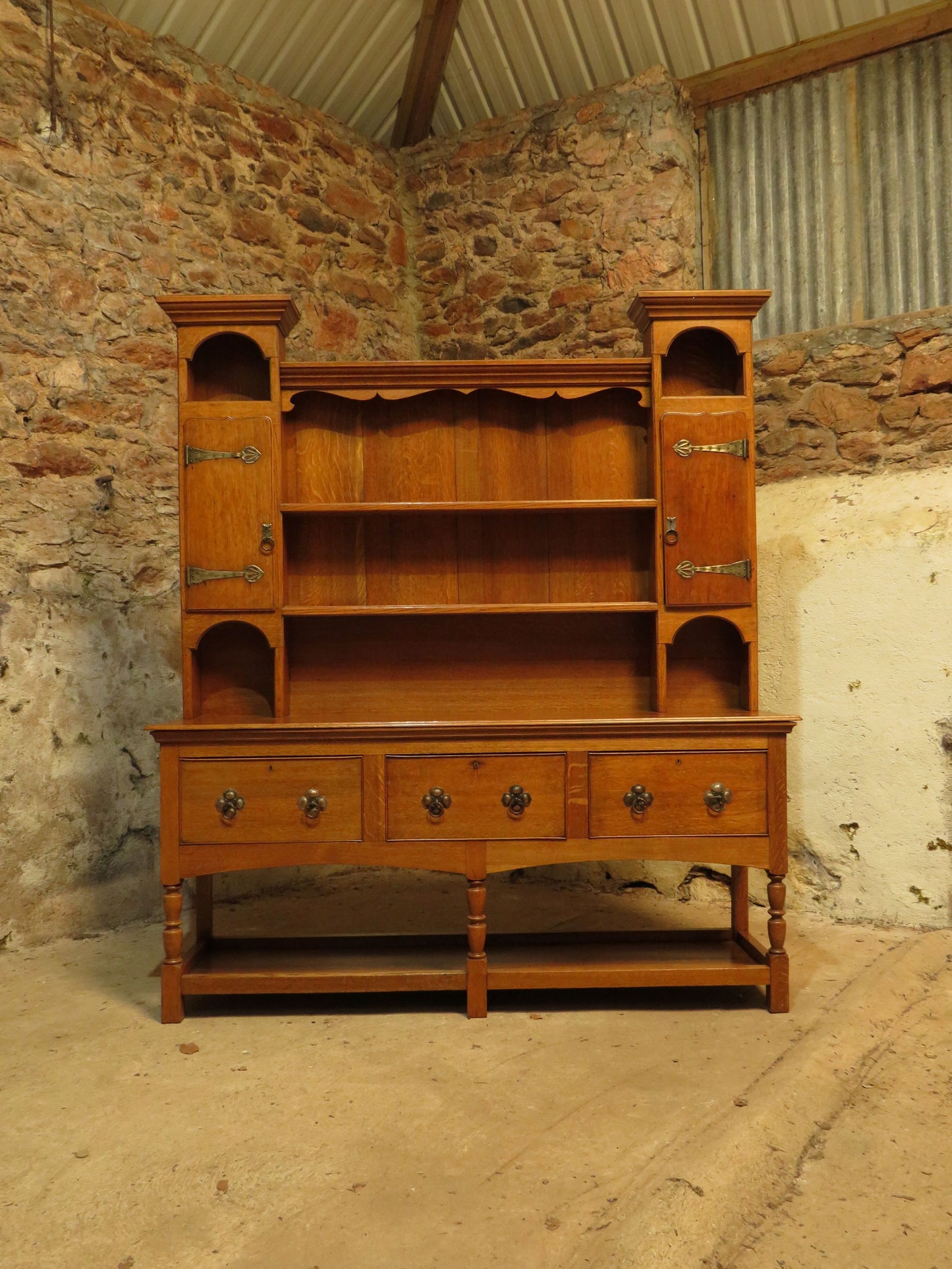 Substantial Arts & Crafts Golden Oak Dresser in two parts