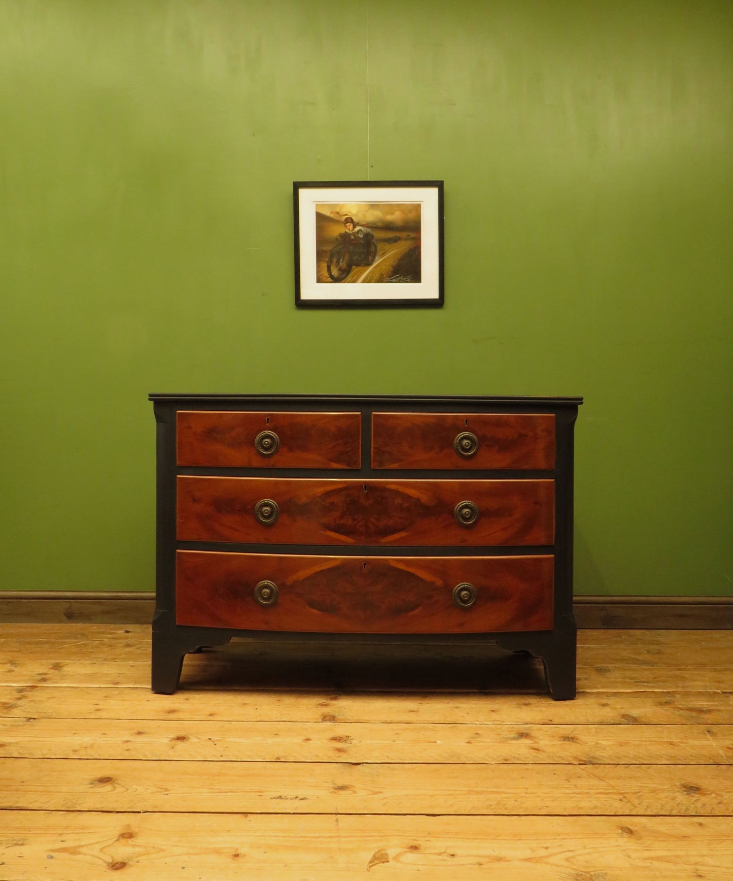 Black and Wood Bow front Chest of Drawers