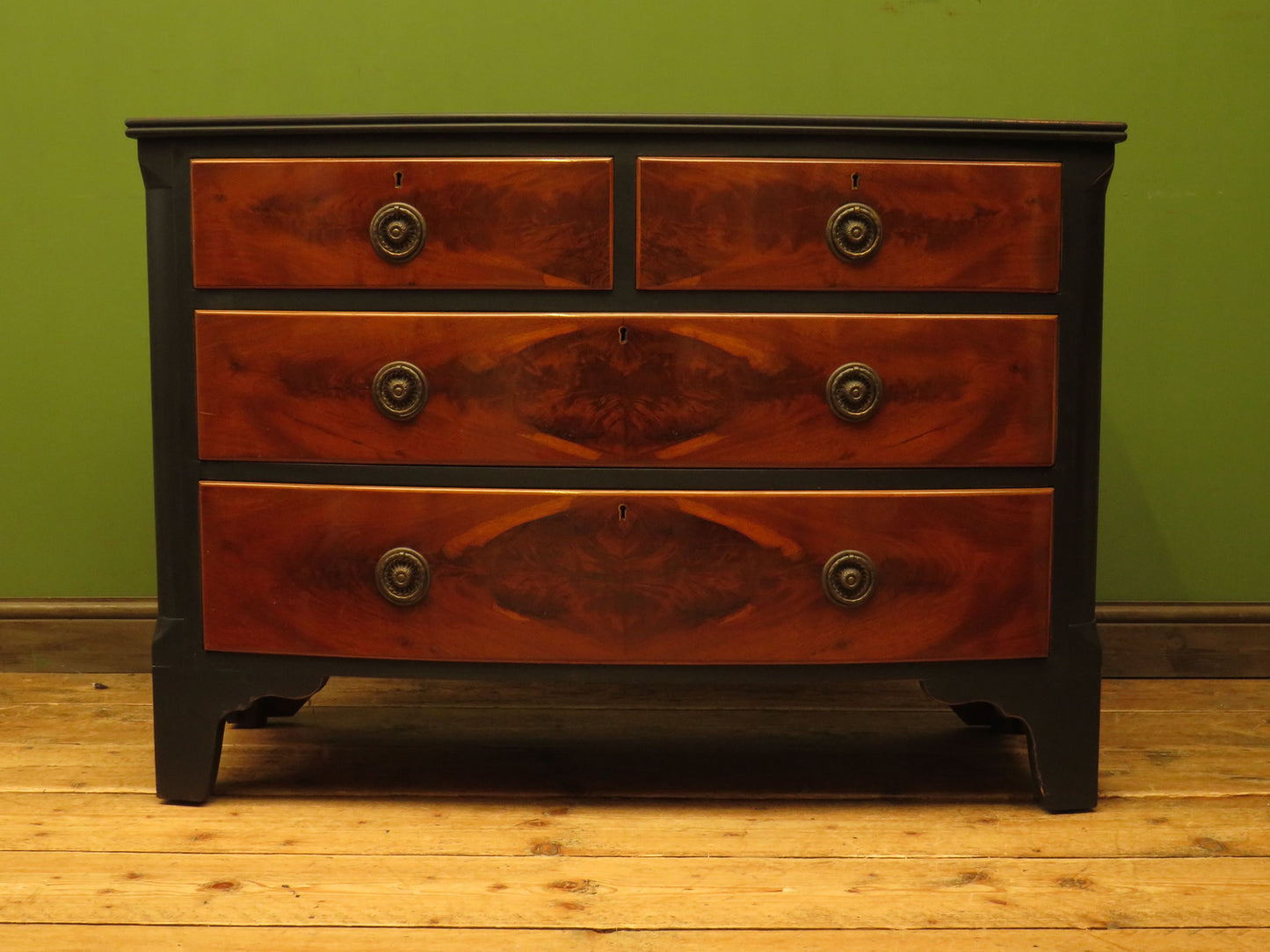 Black and Wood Bow front Chest of Drawers