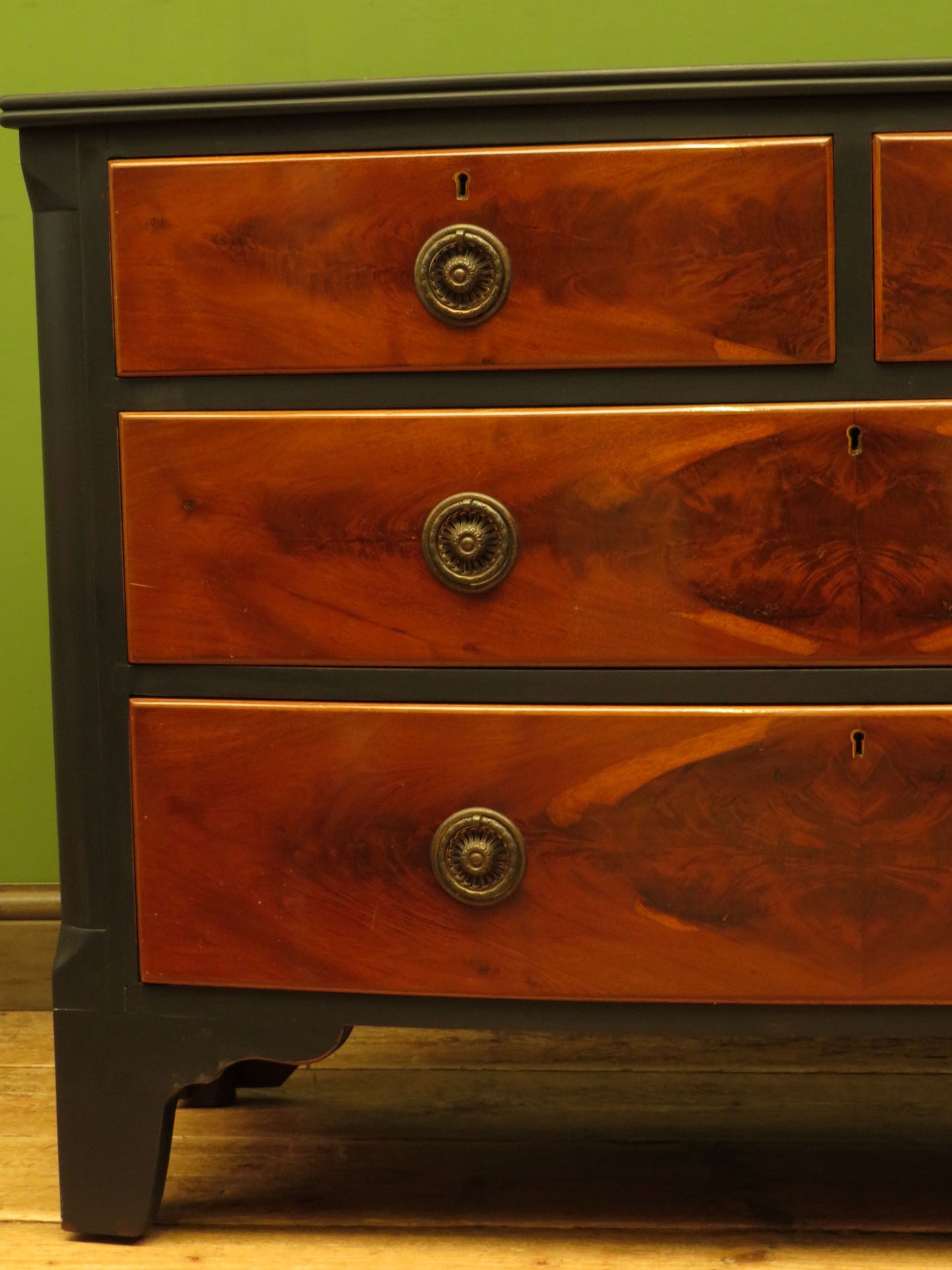 Black and Wood Bow front Chest of Drawers