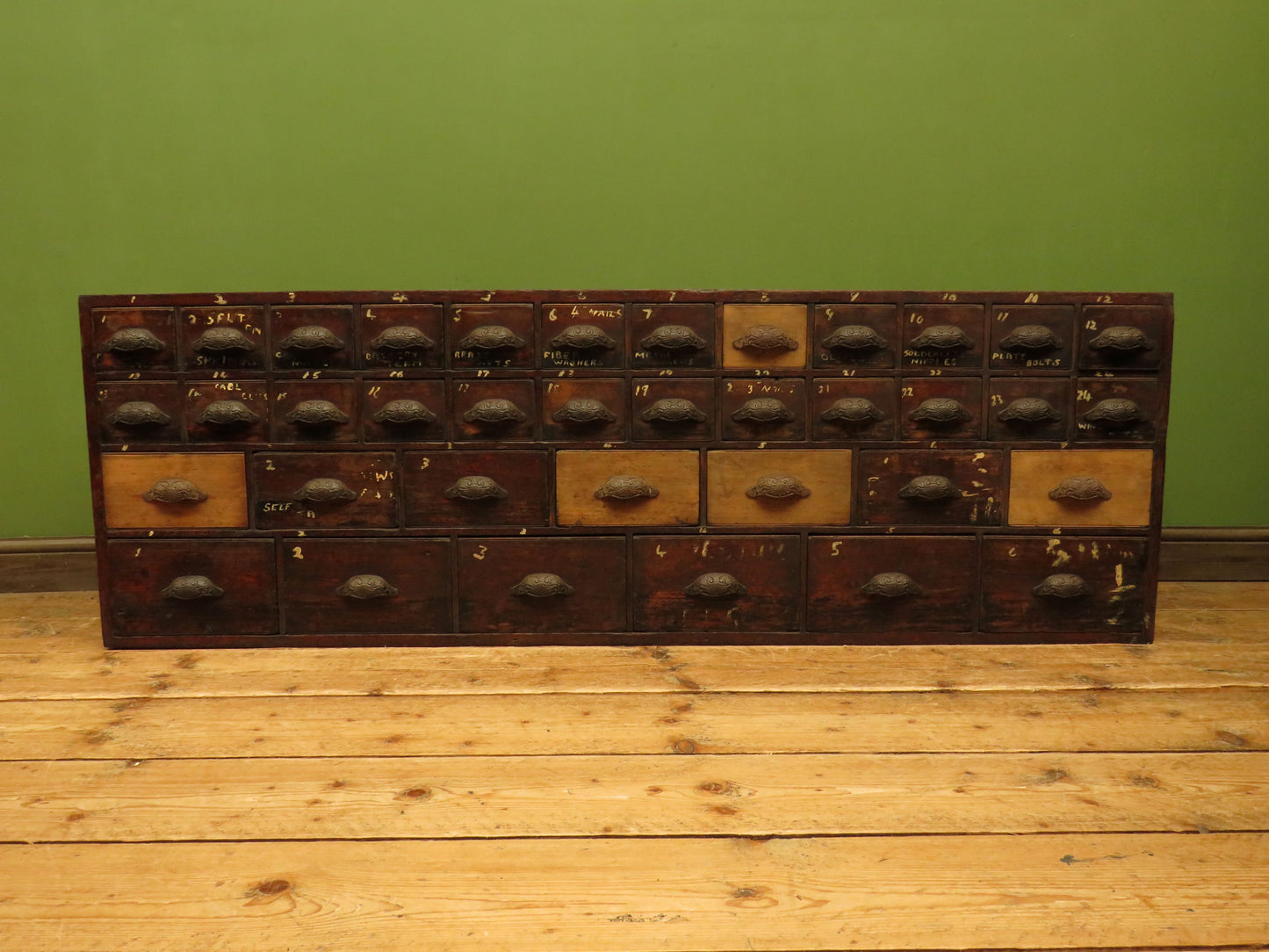 Large Low Bank of 37 Factory Drawers, apothecary chest
