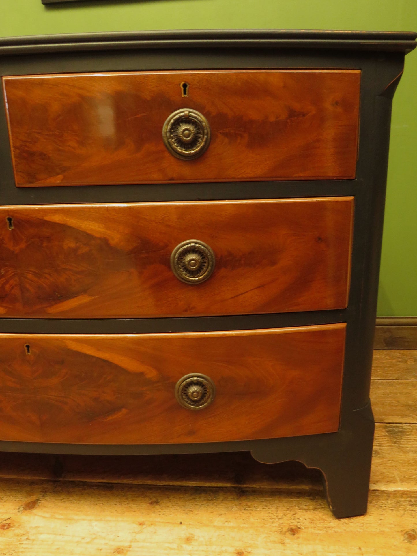 Black and Wood Bow front Chest of Drawers