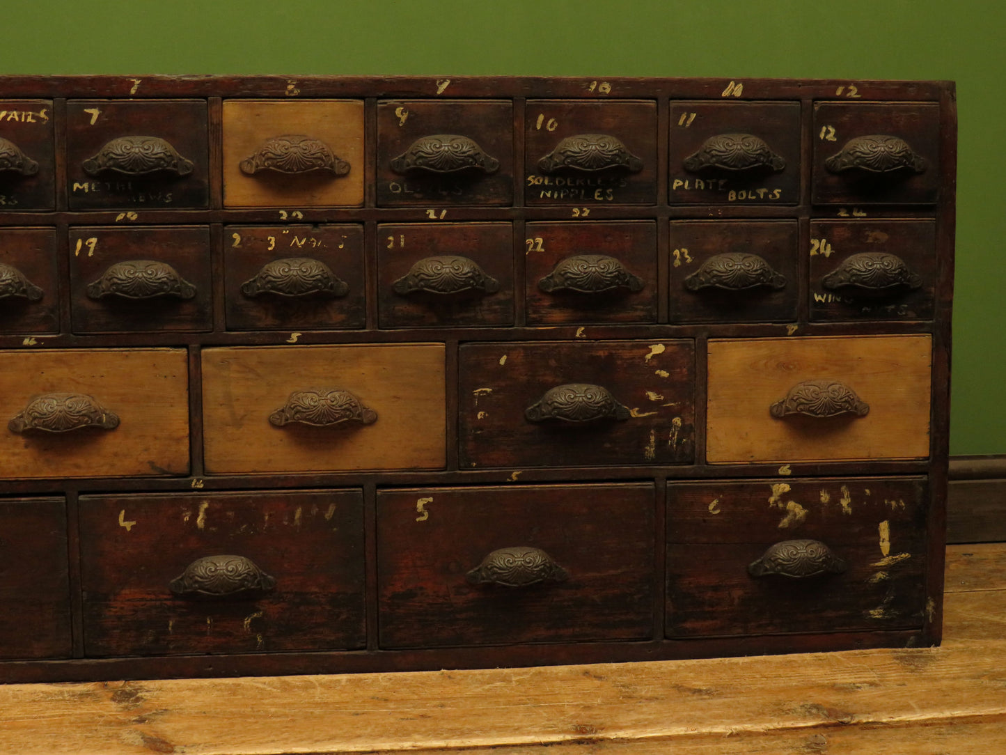 Large Low Bank of 37 Factory Drawers, apothecary chest