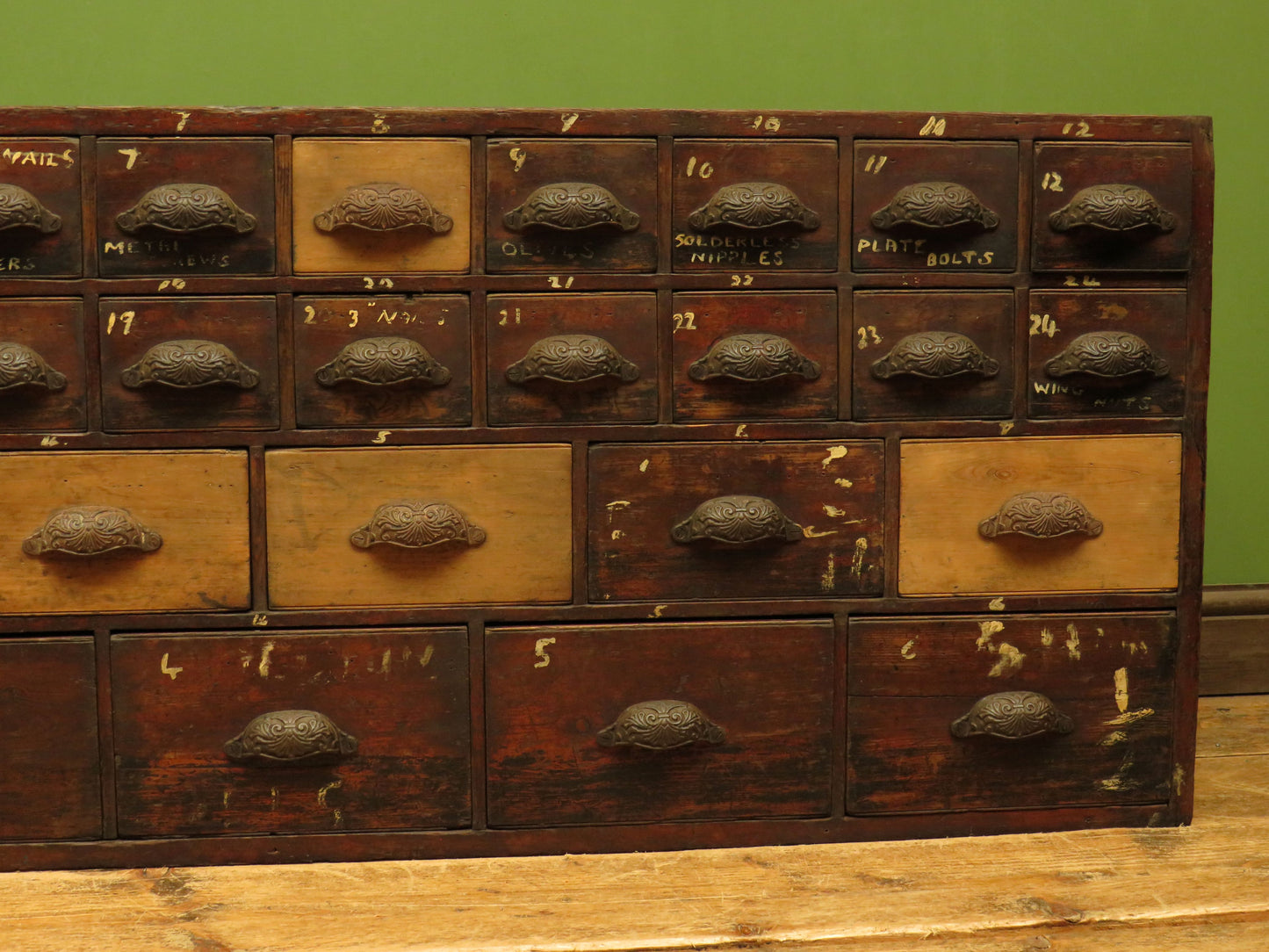 Large Low Bank of 37 Factory Drawers, apothecary chest