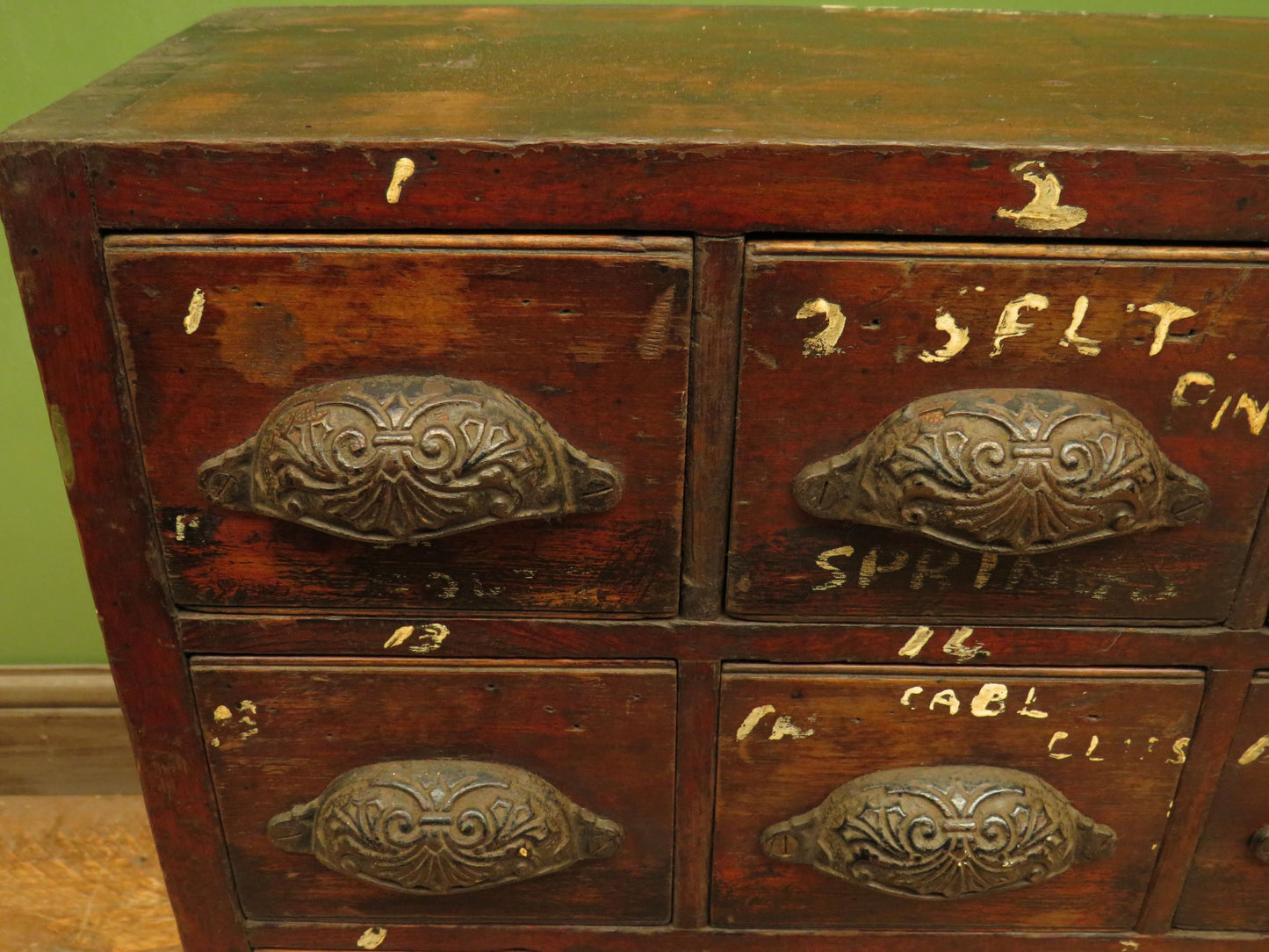 Large Low Bank of 37 Factory Drawers, apothecary chest