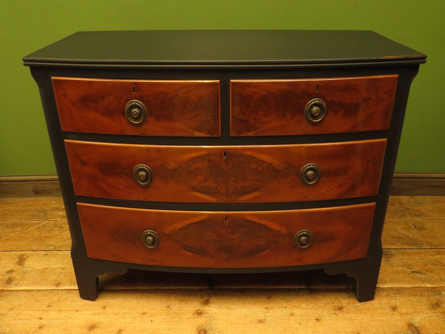 Black and Wood Bow front Chest of Drawers