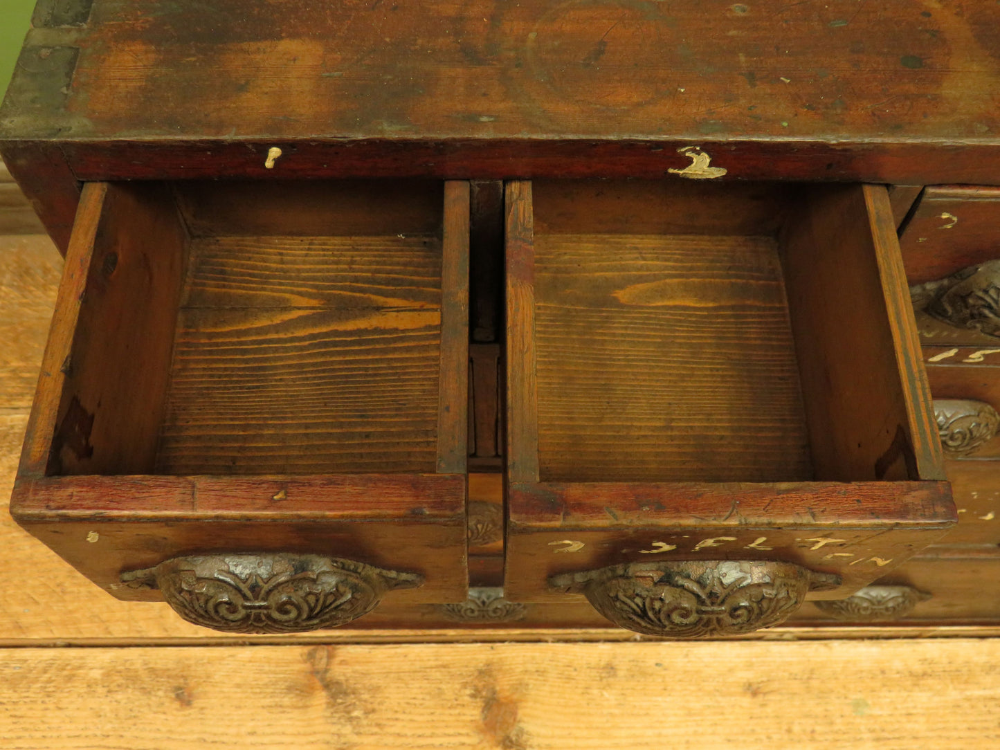 Large Low Bank of 37 Factory Drawers, apothecary chest
