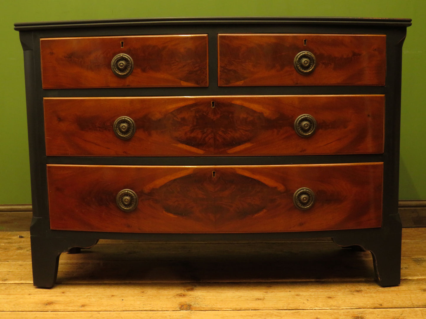 Black and Wood Bow front Chest of Drawers